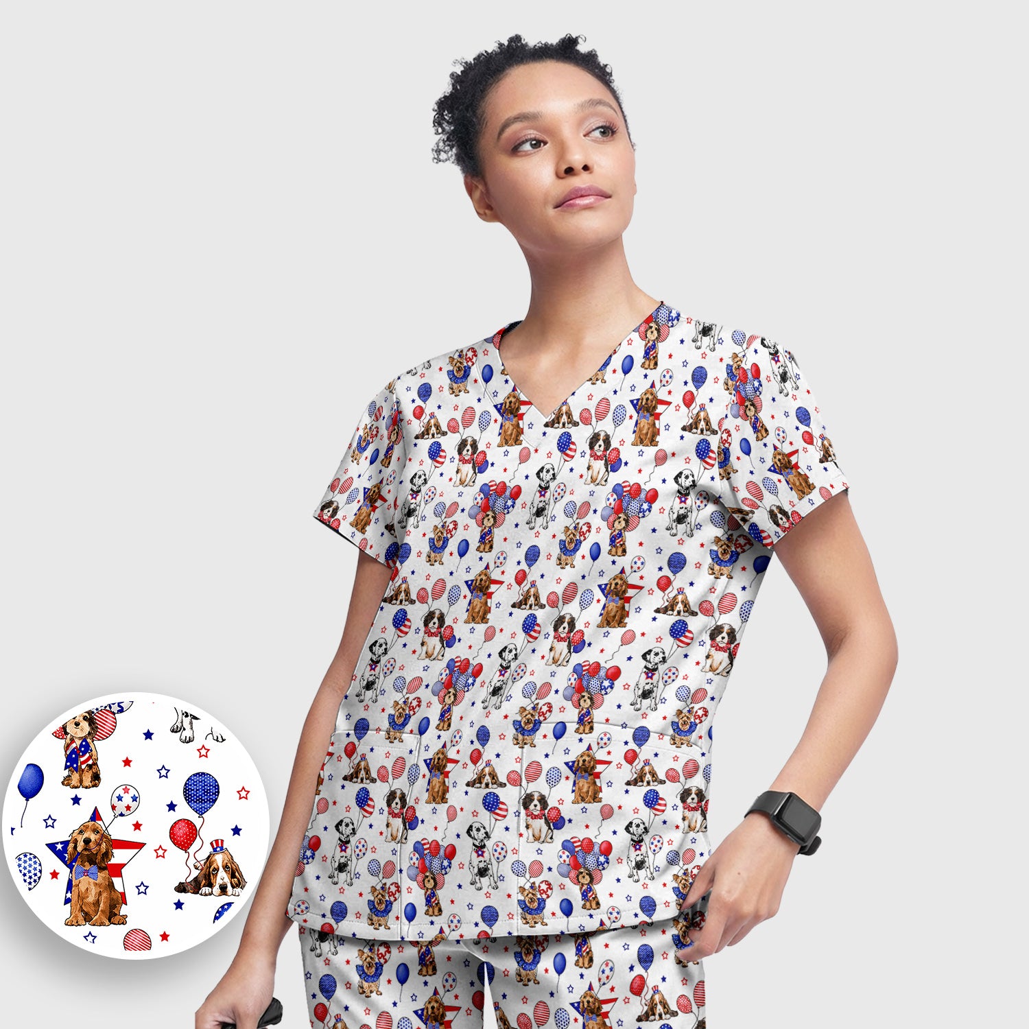 Patriotic Dogs With USA Flag Balloons Pattern Scrub Set, Scrub Pants and V Neck Top