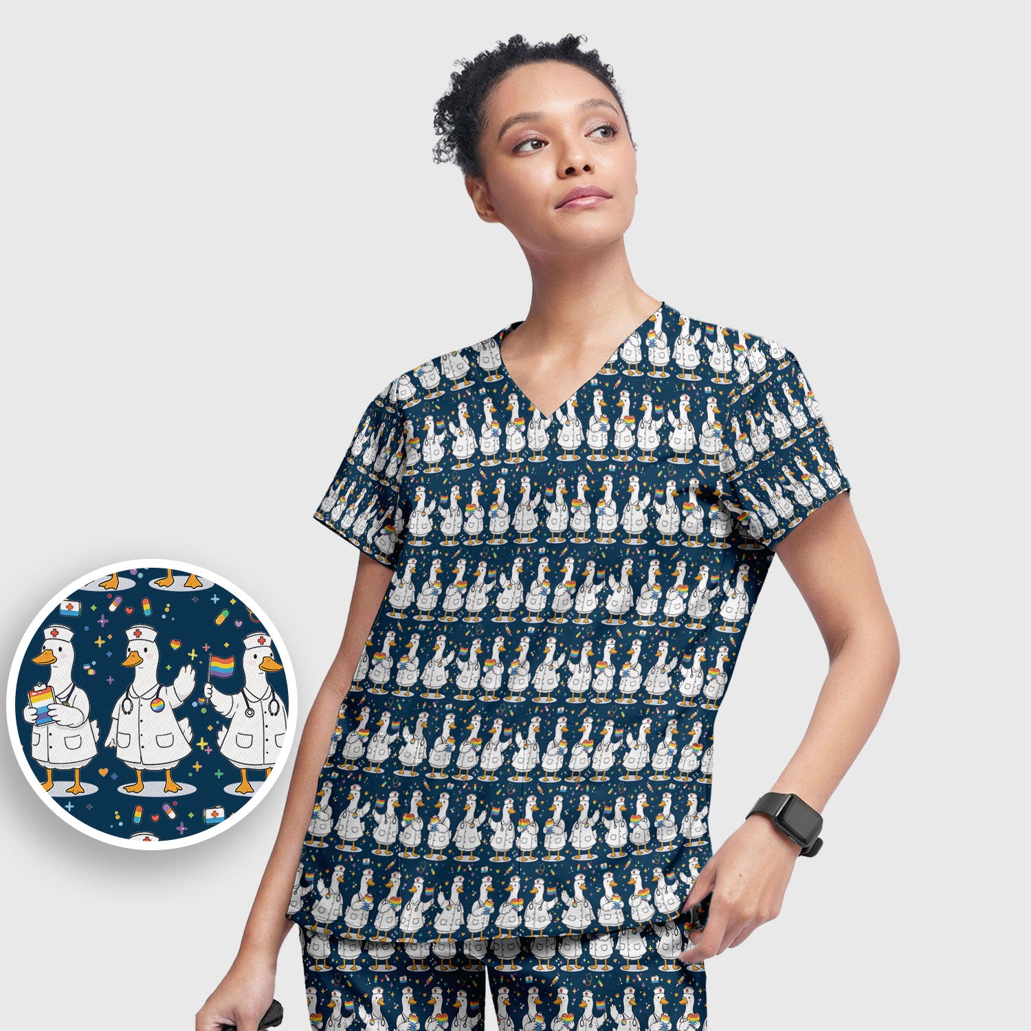 Cute Nurse Duck Pride Theme Scrub Set, Scrub Pants and V Neck Top