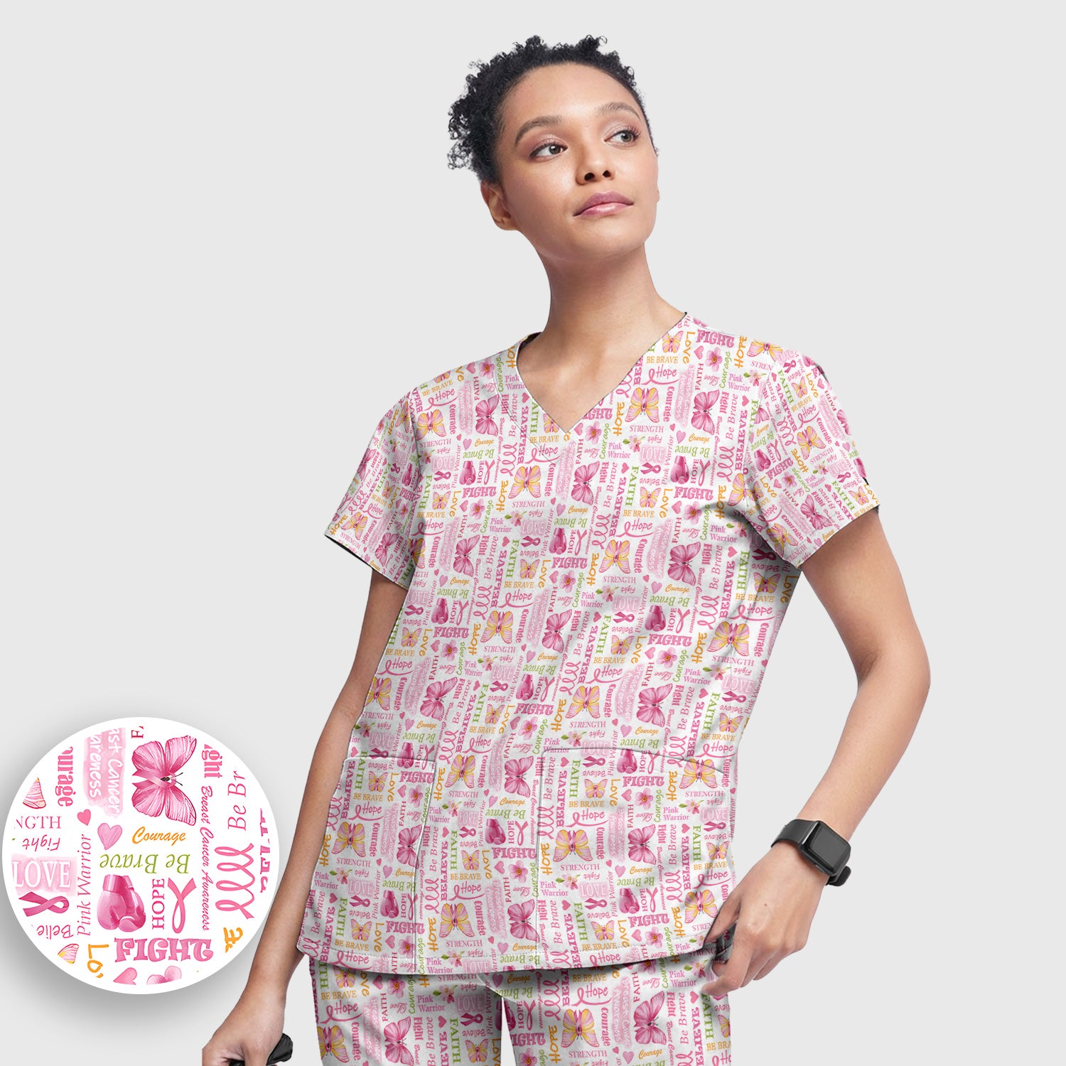 Pink Ribbon Butterfly Print Scrub Set, Scrub Pants and V Neck Top