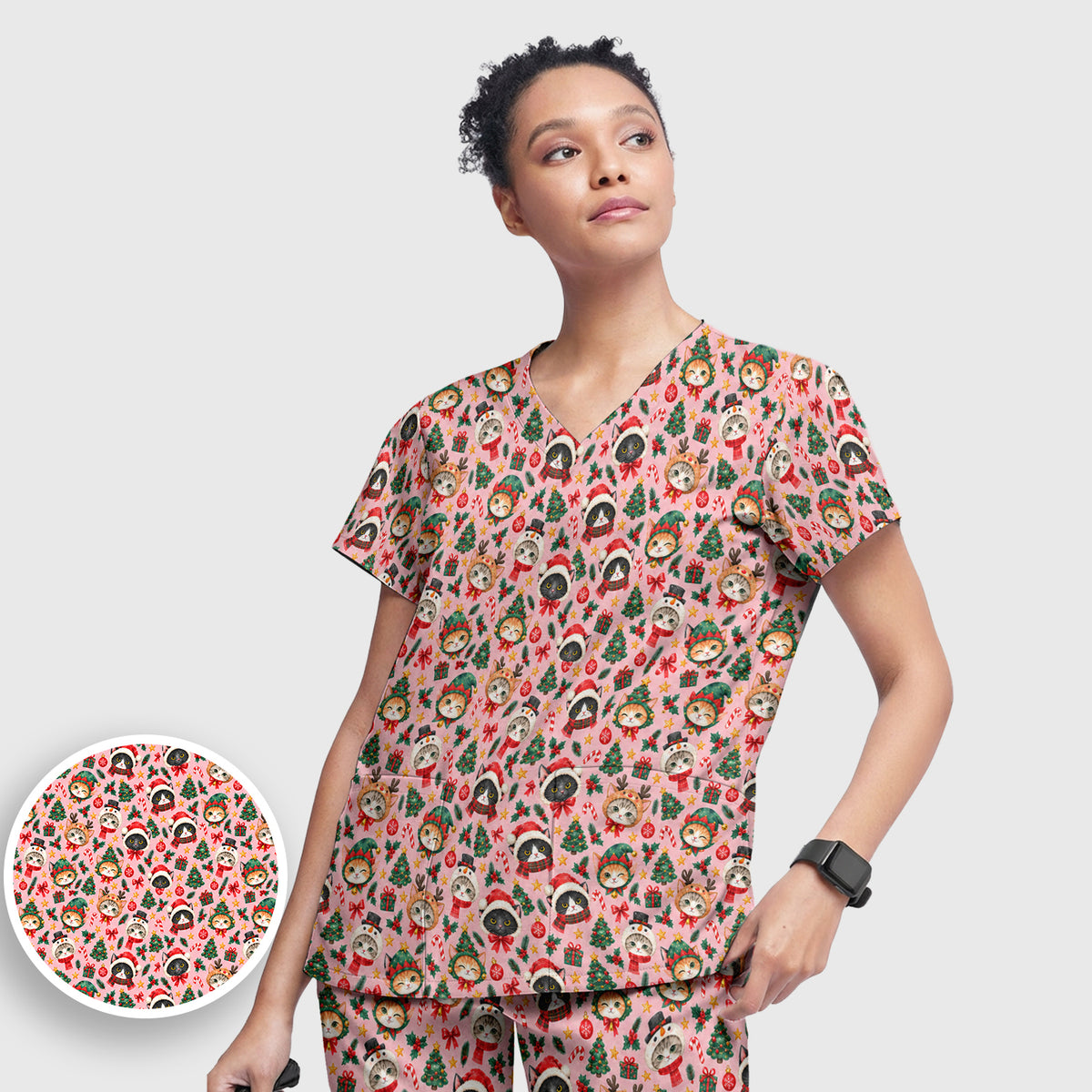 Christmas Cats And Trees Pattern Scrub Set, Scrub Pants and V Neck Top