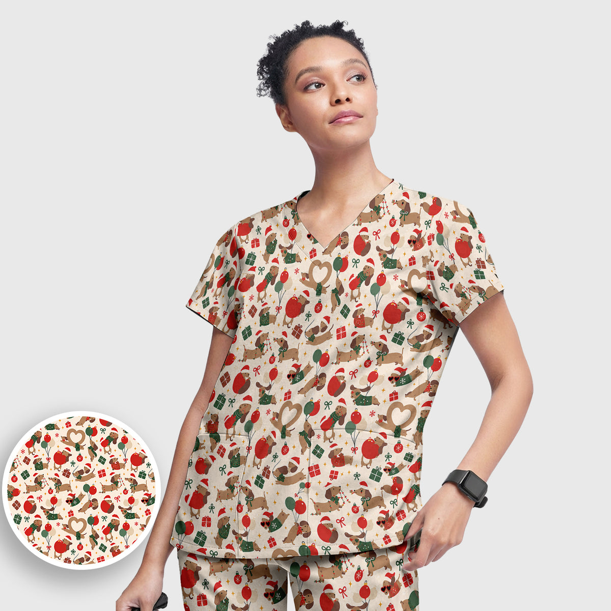 Cute Christmas Dachshund Pattern Scrub Set, Scrub Pants and V Neck Top