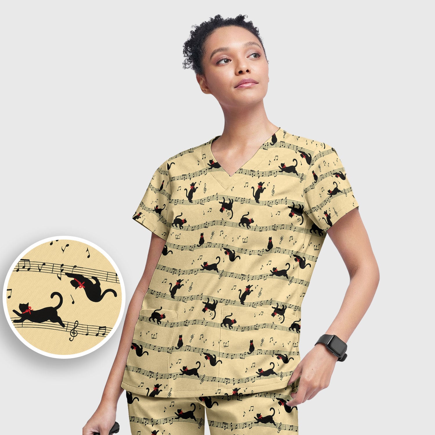 Cute Dancing Black Cat Music Staff Pattern Scrub Set, Scrub Pants and V Neck Top