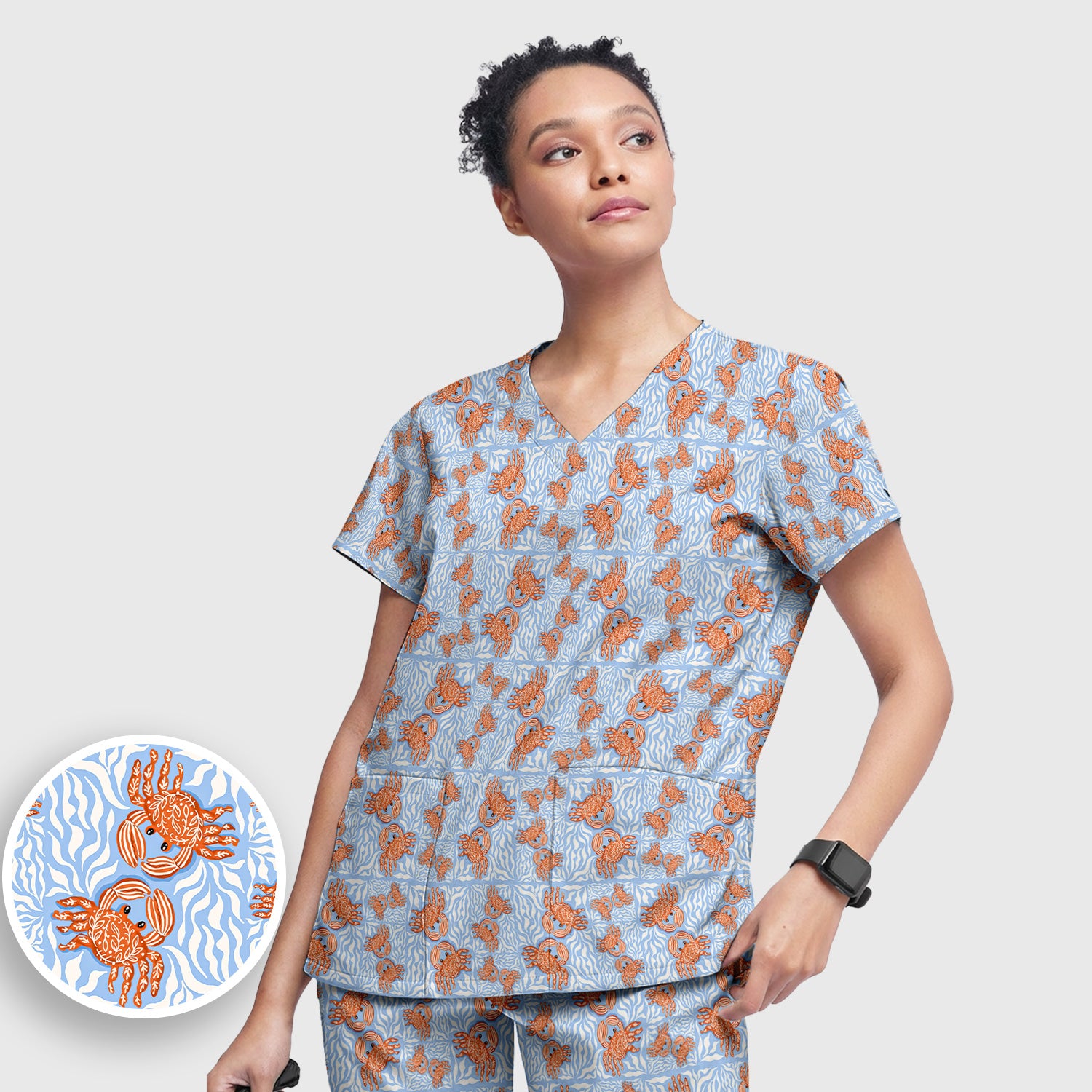 Cute Coastal Crab Print Scrub Set, Women's Scrub Sets