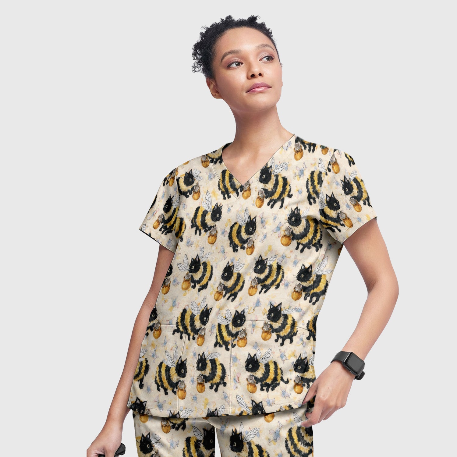 Adorable Nurse Bumblebee Cat Honey Jar Winged Pattern Scrub Set, Scrub Pants and V Neck Top