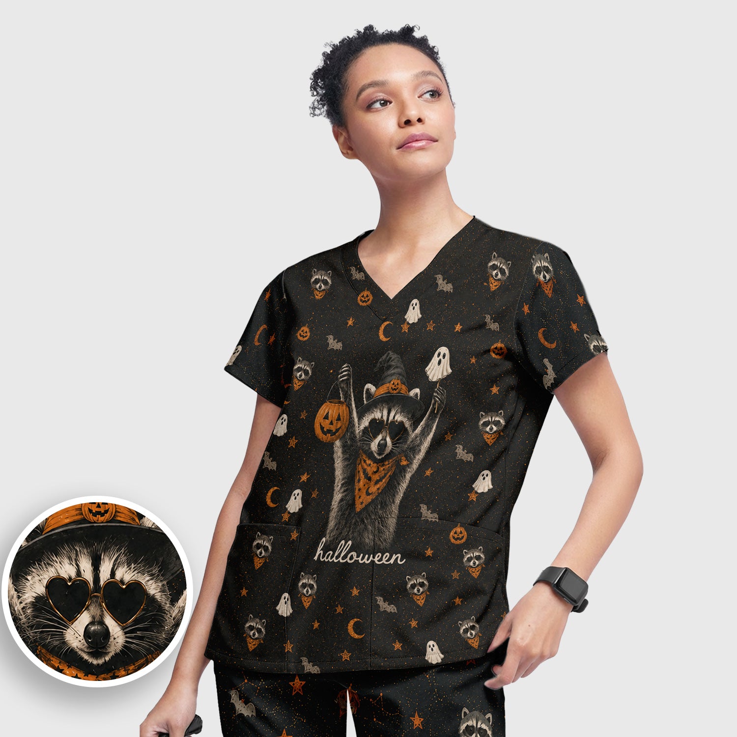 Ghost Pumpkin Raccoon Pattern Scrub Set, Scrub Pants and V Neck Top