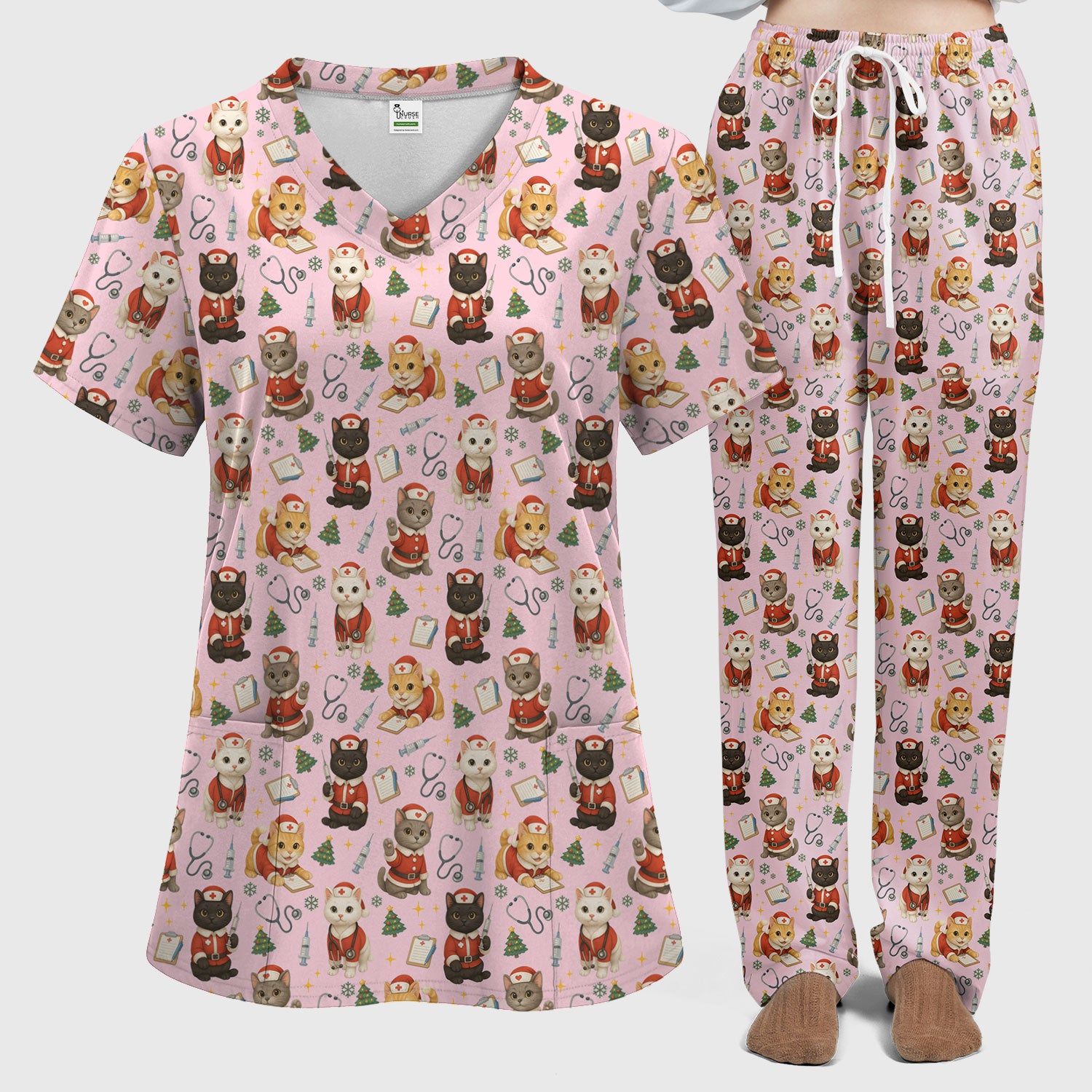 Christmas Nurse Scrub Set for Women - Cute Dog Cat Pattern Scrub Top and Pants - Funny Holiday Nursing Outfit Gift for RN LPN CNA