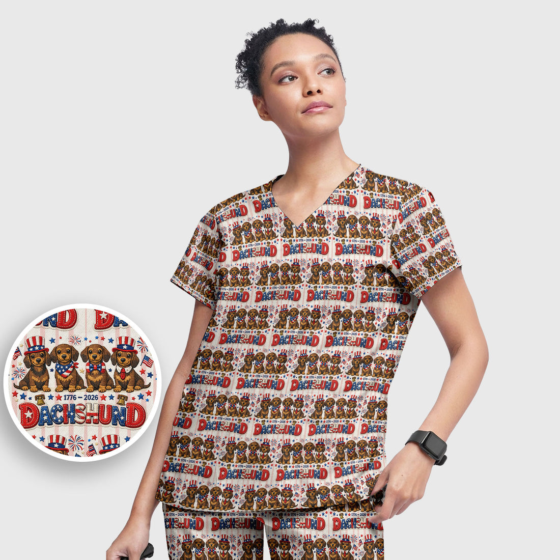 Patriotic Dachshund Fireworks Pattern Scrub Set, Scrub Pants and V Neck Top
