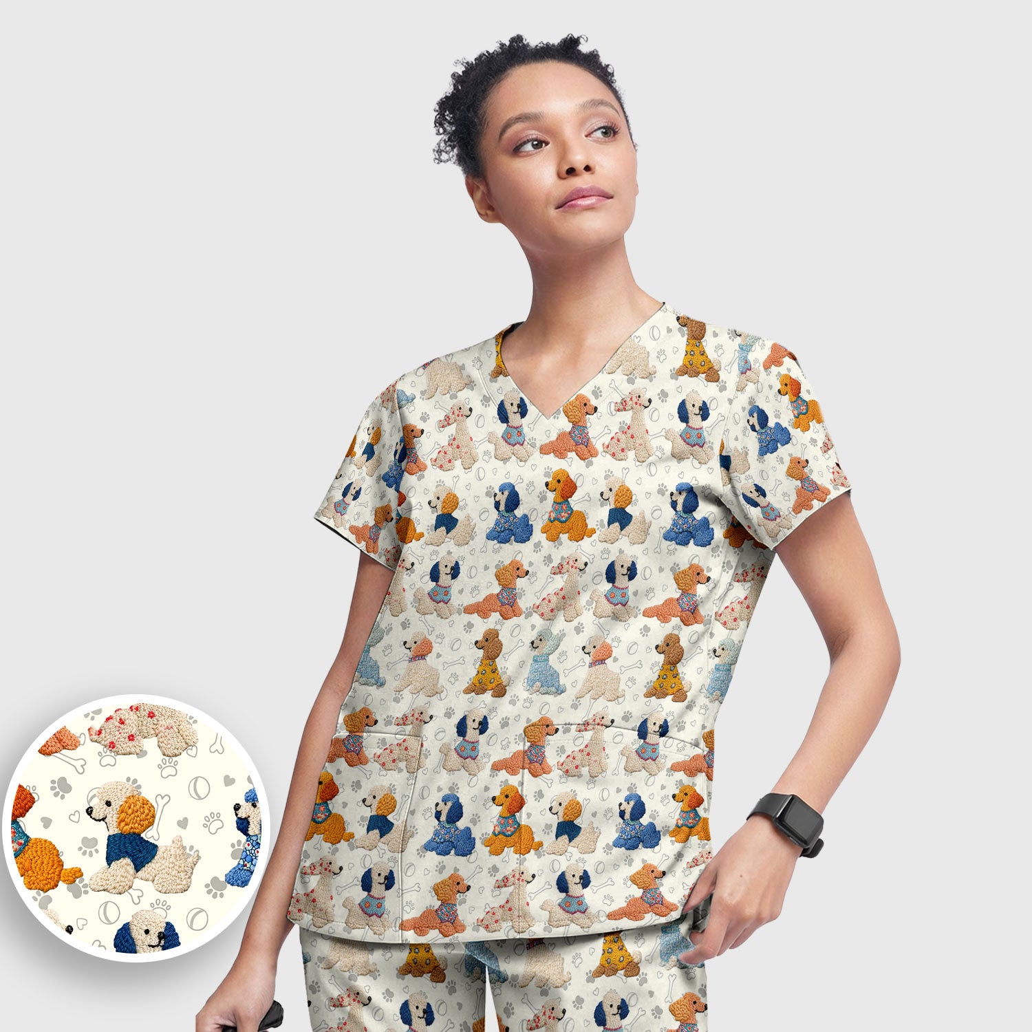 Cute Colorful Poodle Pattern Scrub Set, Scrub Pants and V Neck Top