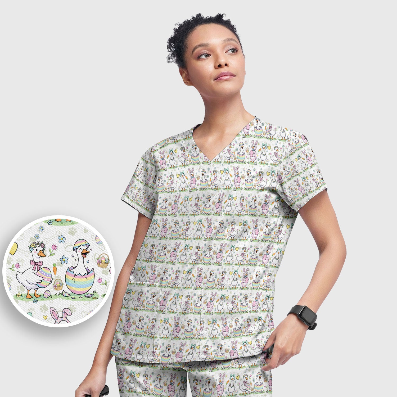 Spring Easter Goose and Bunny Print Scrub Set, Breathable Med Uniform