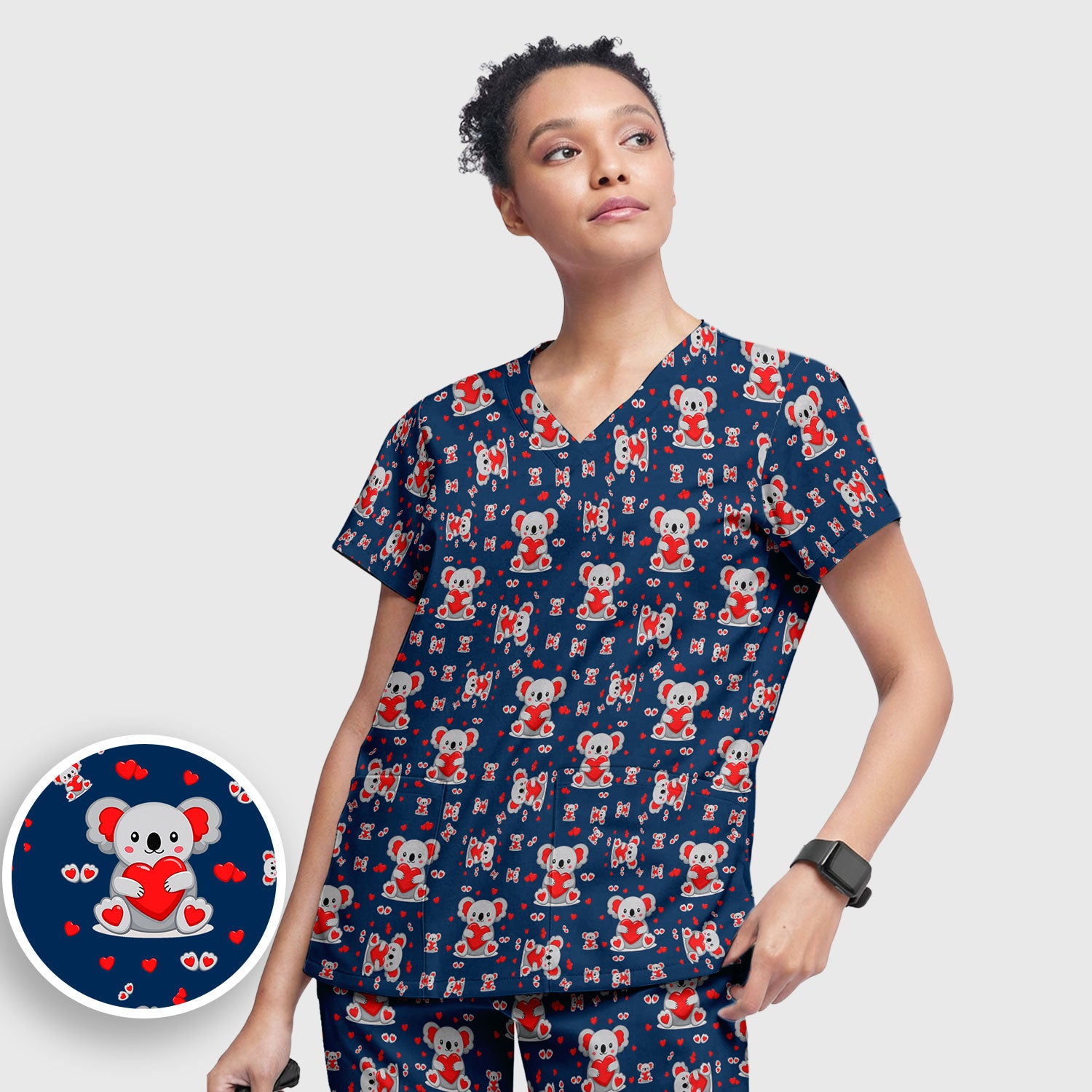 Valentine Cute Koala Heart Pattern Medical Outfit, Women's Scrub Sets