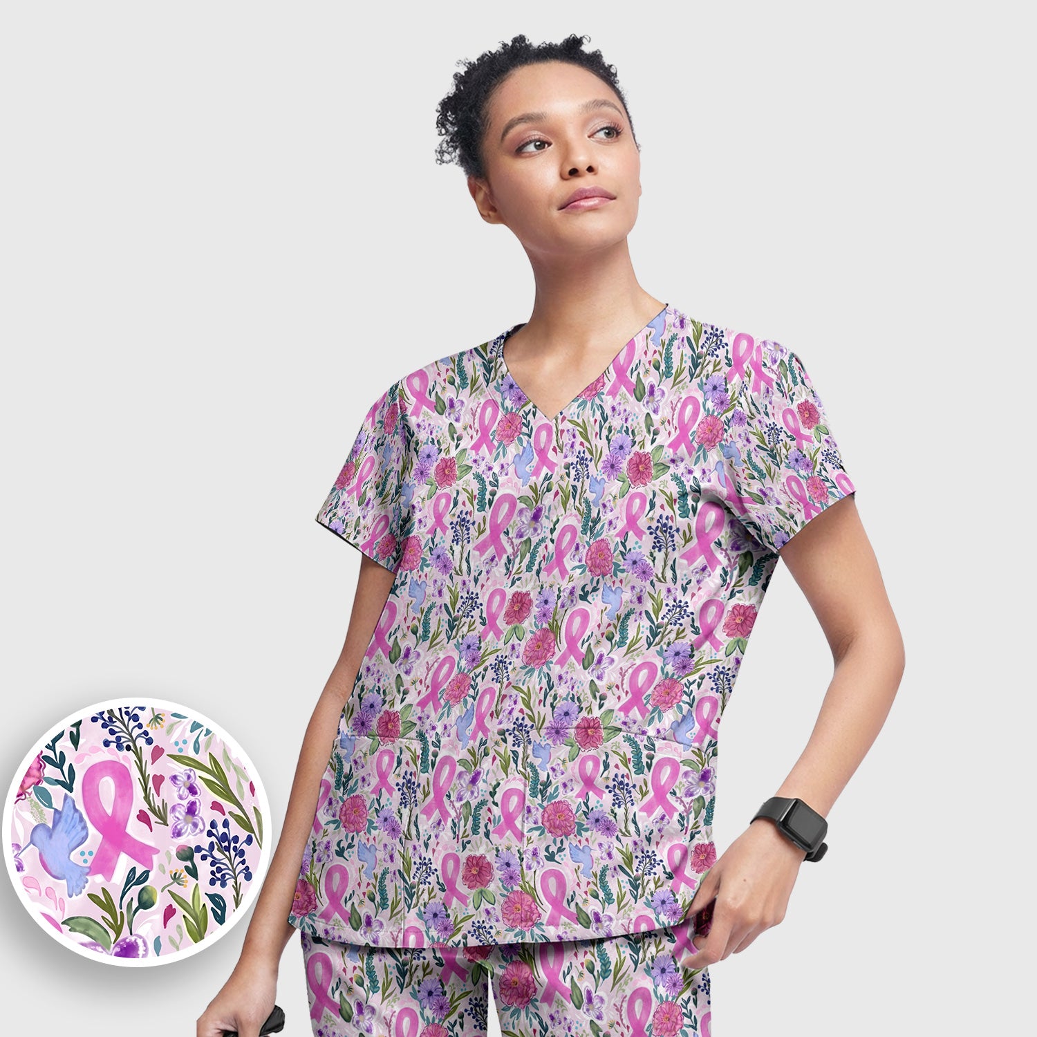Floral Pink Ribbon Print Scrub Set, Scrub Pants and V Neck Top