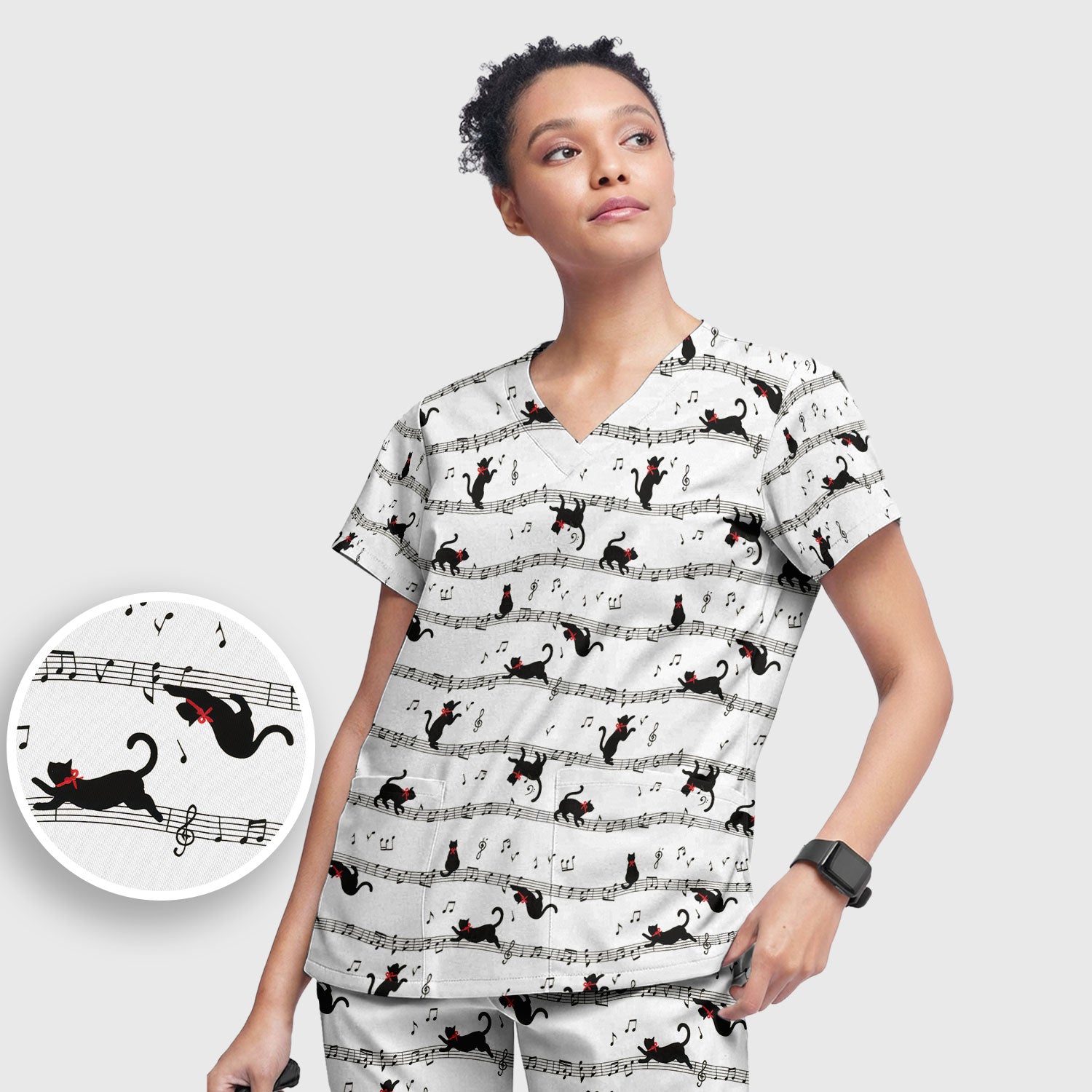 Cute Dancing Black Cat Music Staff Pattern Scrub Set, Scrub Pants and V Neck Top