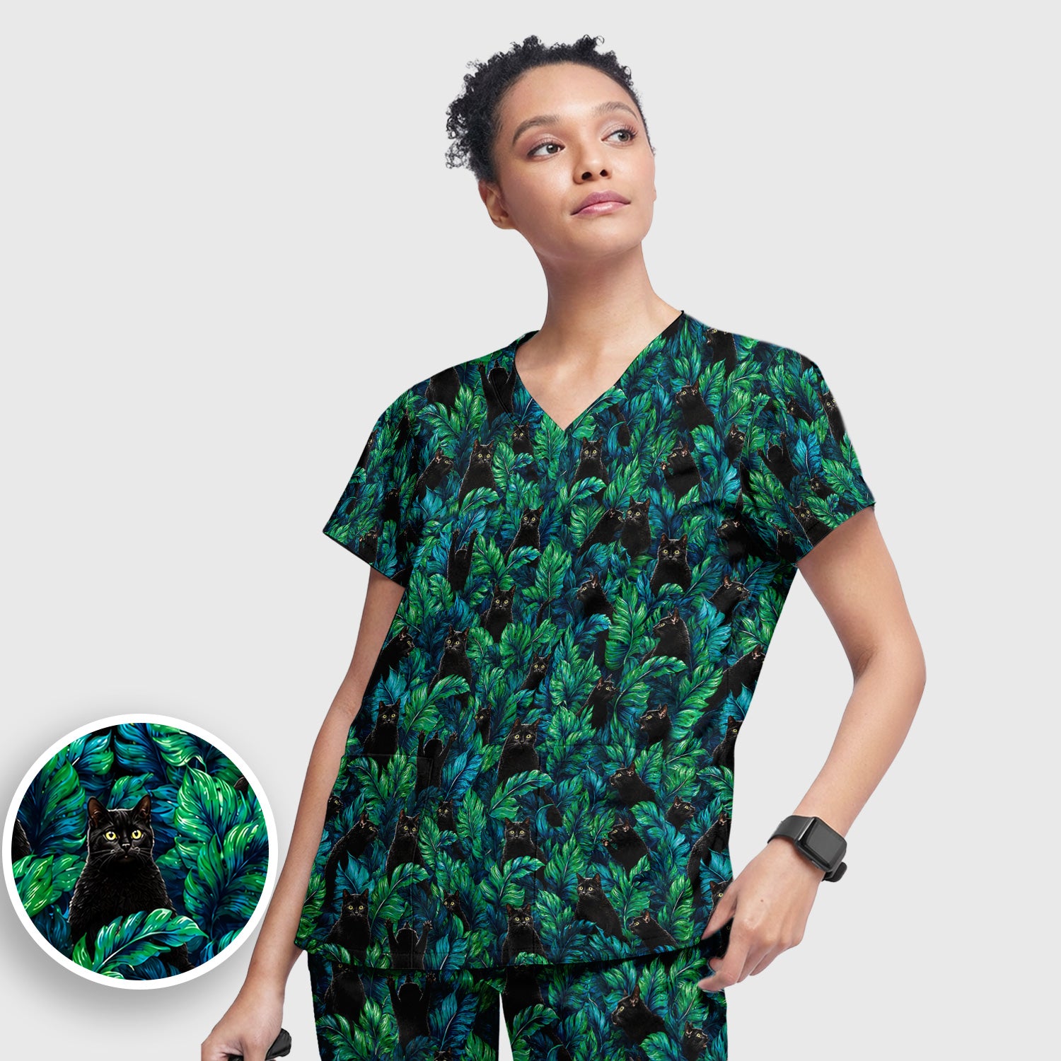 Black Cat Tropical Jungle Leaves Pattern Scrub Set, Scrub Pants and V Neck Top