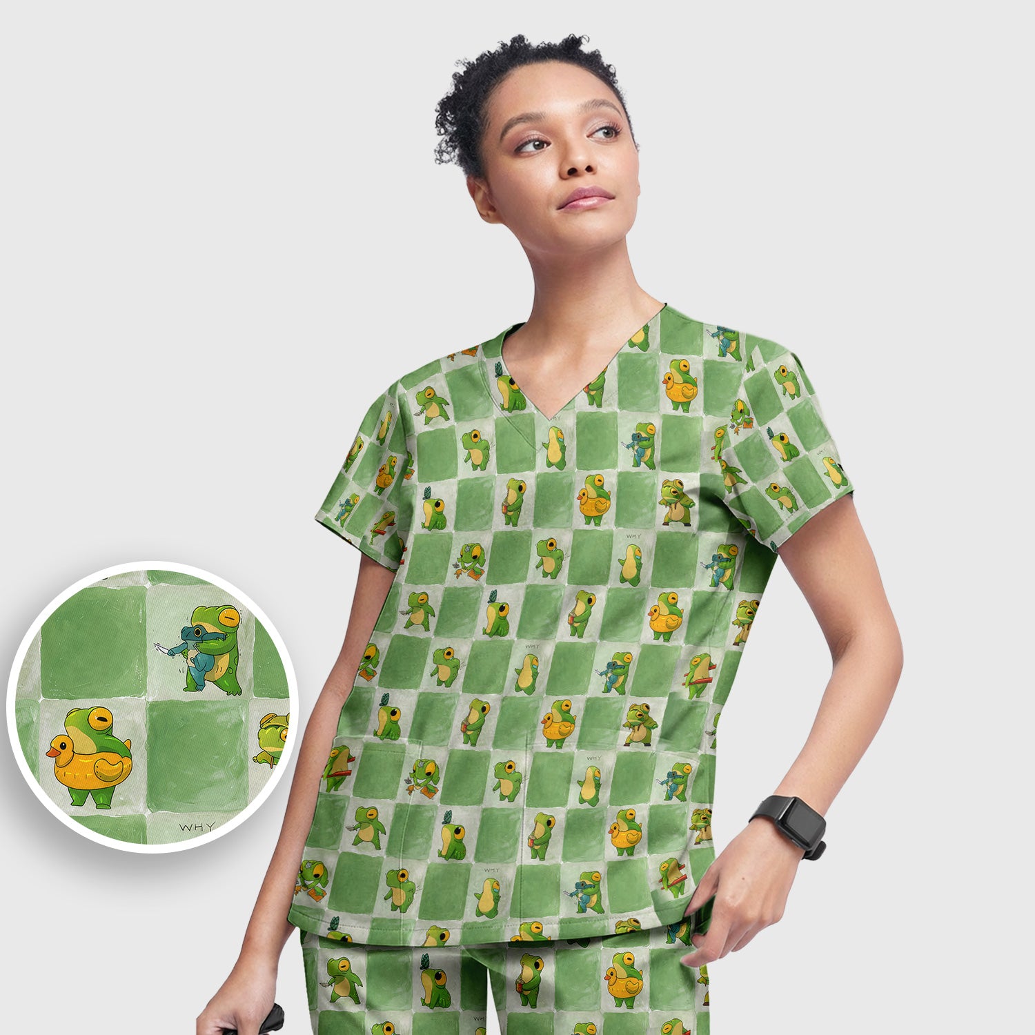 Cute Frog Duck Checkerboard Pattern Scrub Set, Scrub Pants and V Neck Top