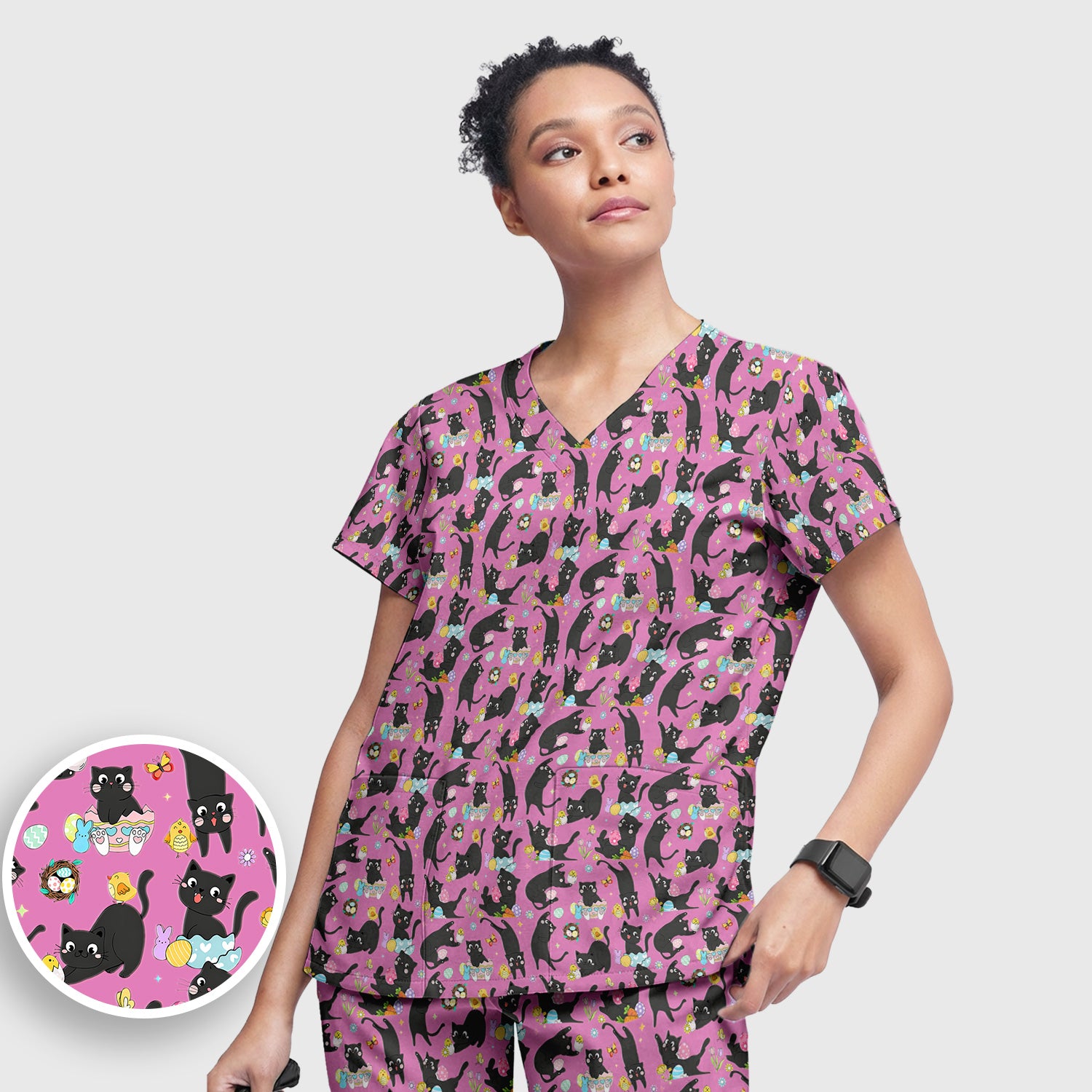 Playful Black Cat Easter Egg Pattern Scrub Set, Scrub Pants and V Neck Top