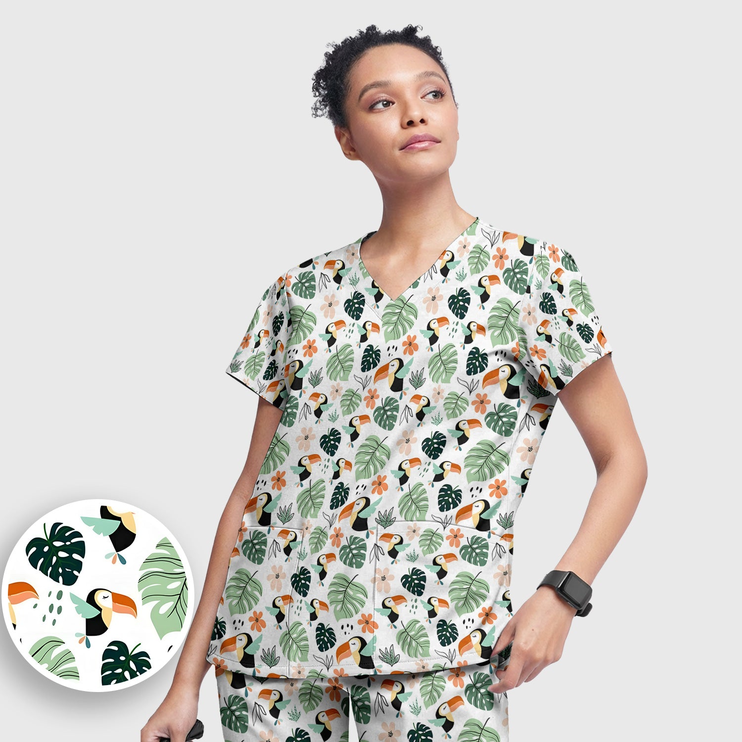 Tropical Toucan Leaf Floral Pattern Scrub Set, Scrub Pants and V Neck Top
