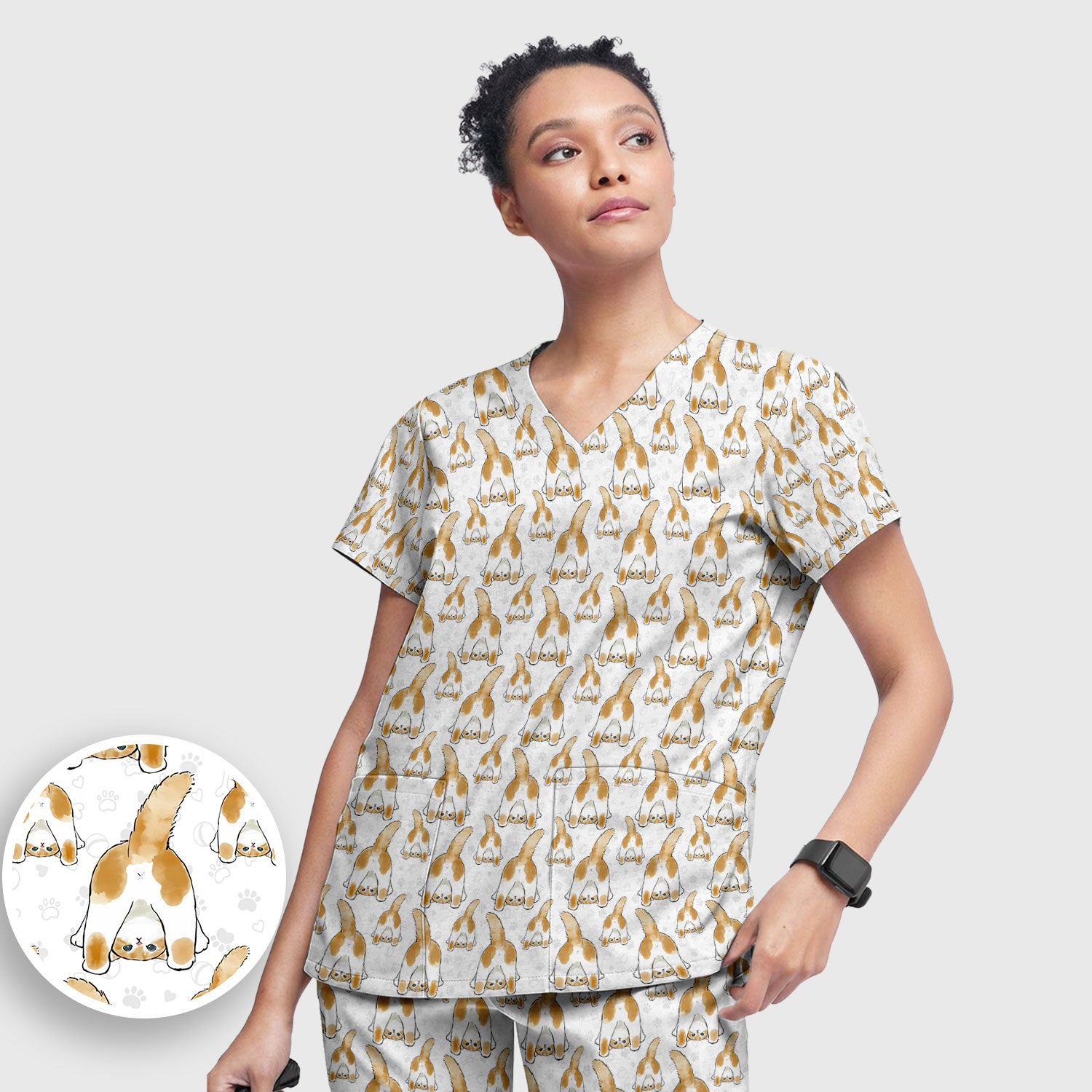Cute Cat Butt Nurse Scrub Set, Cat Pattern Medical Shirt For Pet Lover, Breathable Fabrics Nursing Uniform