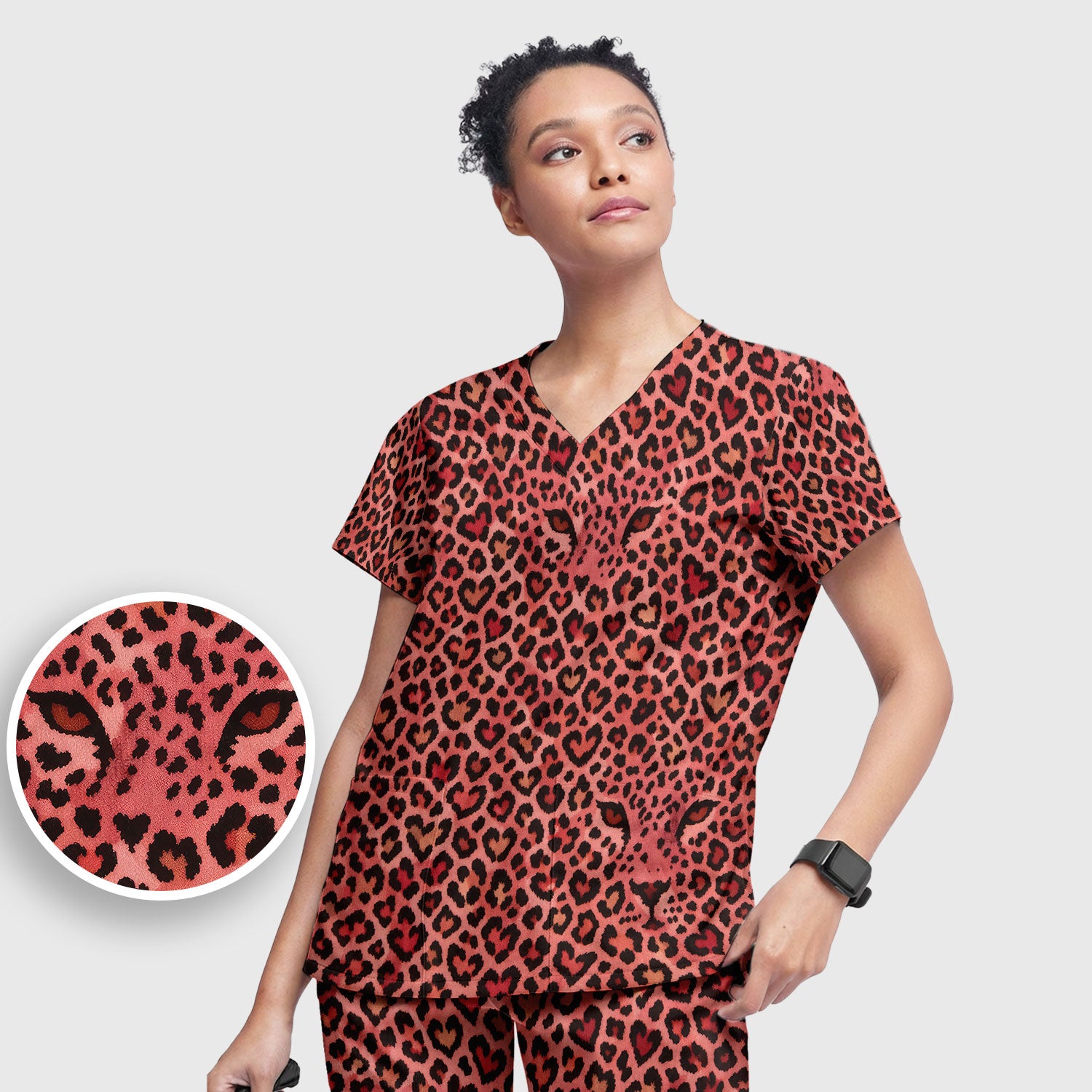 Leopard Pattern Nurse Scrub Set, Pink Medical Nurses Shirt, Breathable Fabrics Nursing Uniform