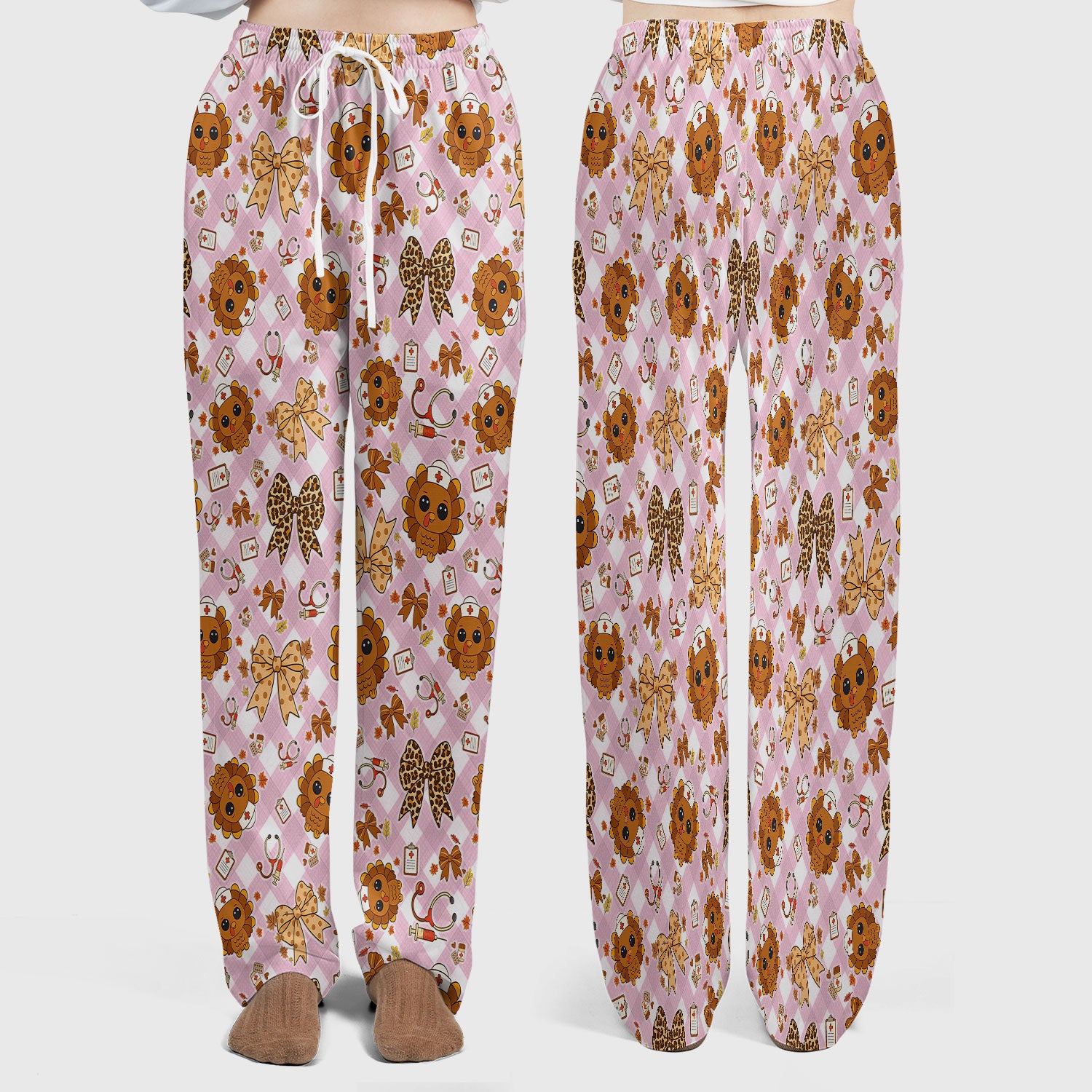 Thanksgiving Turkey Scrub Set for Nurses - Cute Fall Leaves and Bow Scrubs Pants and V Neck Top - Autumn Nursing Gift for Her