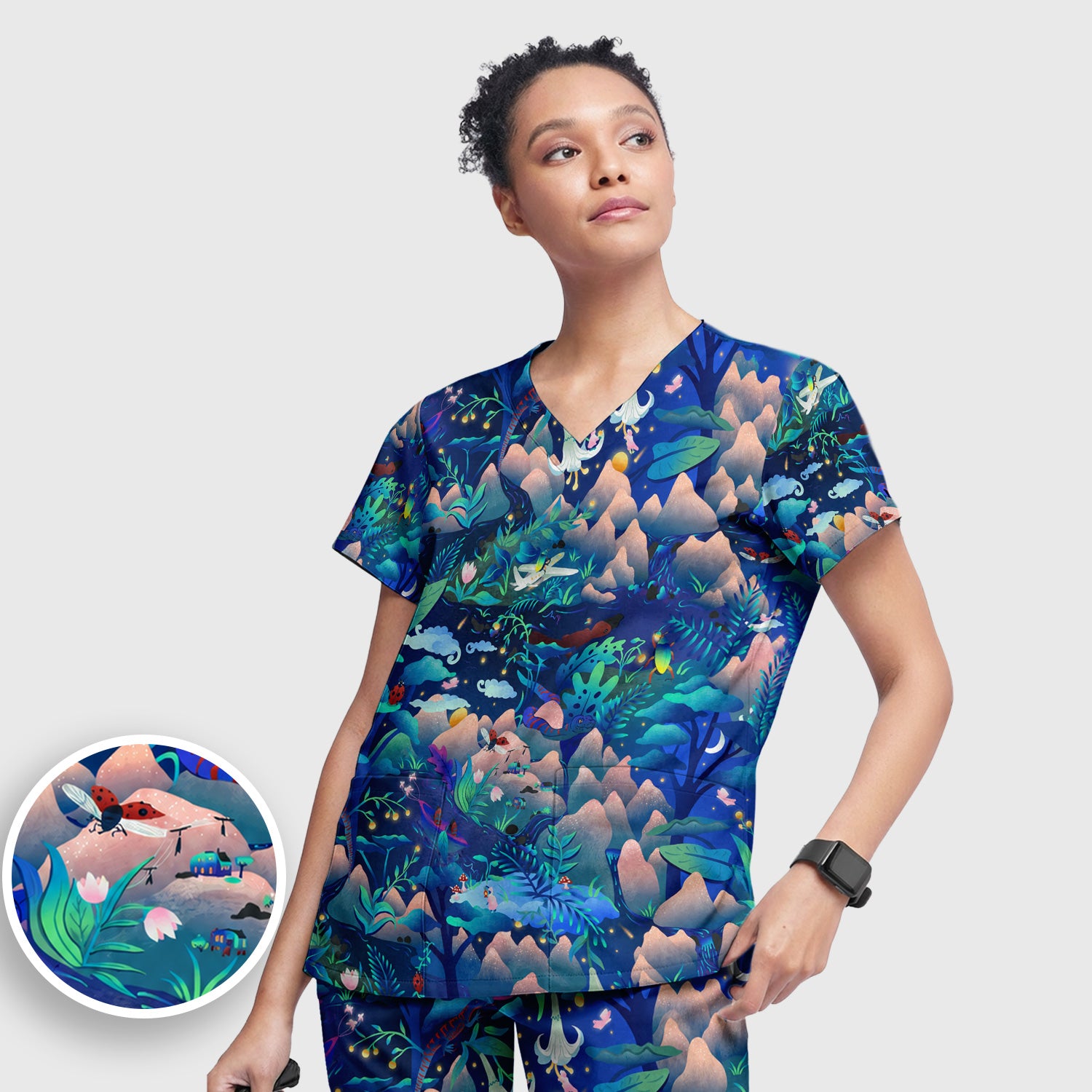 Whimsical Mountain Bug Print Scrub Set, Scrub Pants and V Neck Top