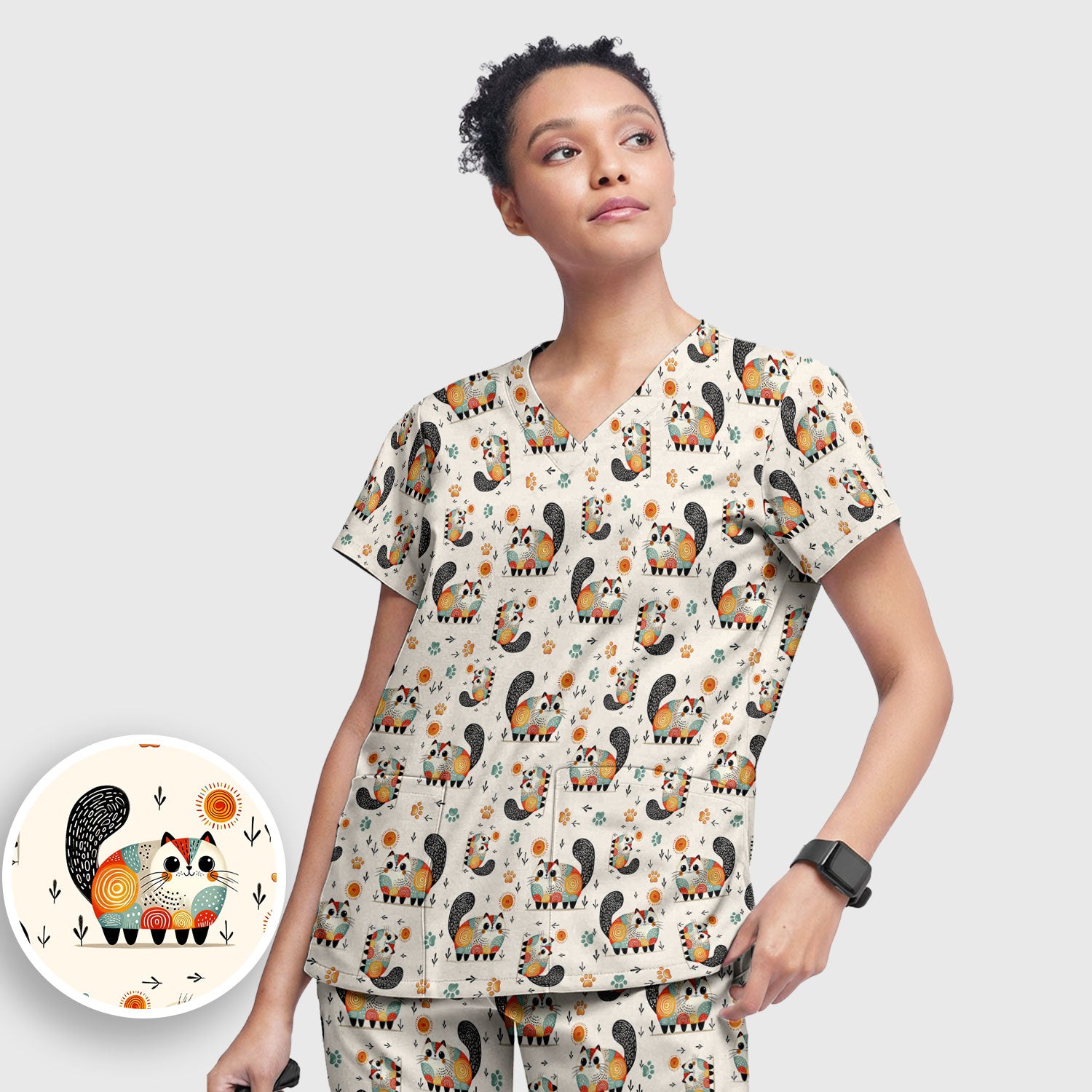 Playful Cat Illustration Women's Scrub Set, Breathable Med Uniform