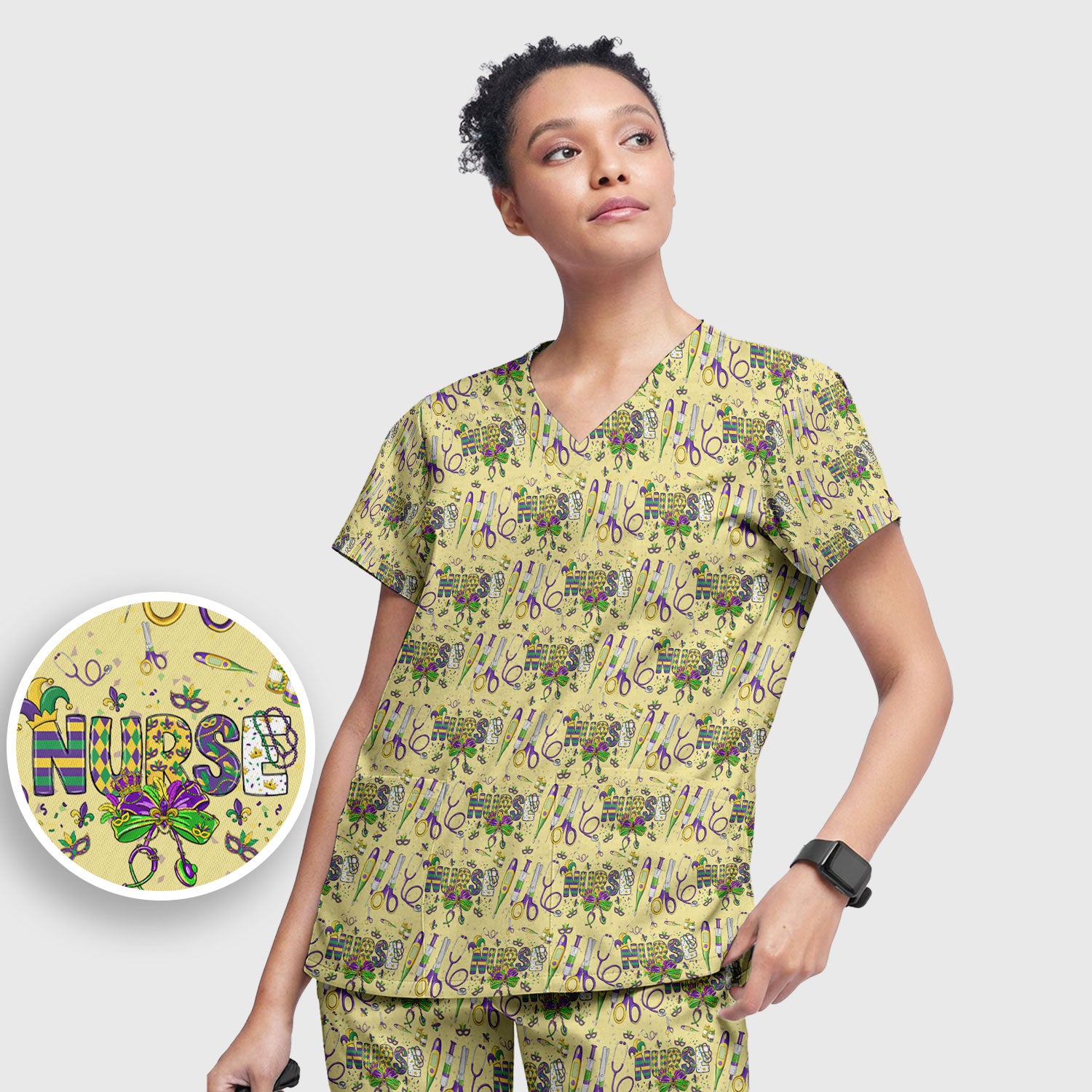 Mardi Gras Nurse Scrub Set, Holiday Medical Pattern Nurse Shirt, Breathable Fabrics Nursing Uniform