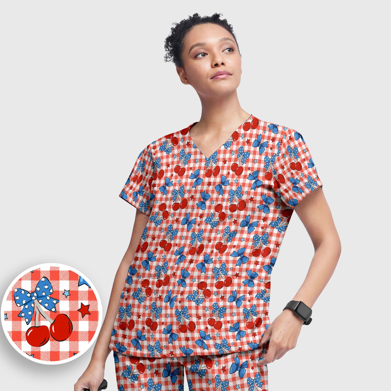 Cute Patriotic Cherry Bow Checkered Pattern Scrub Set, Scrub Pants and V Neck Top