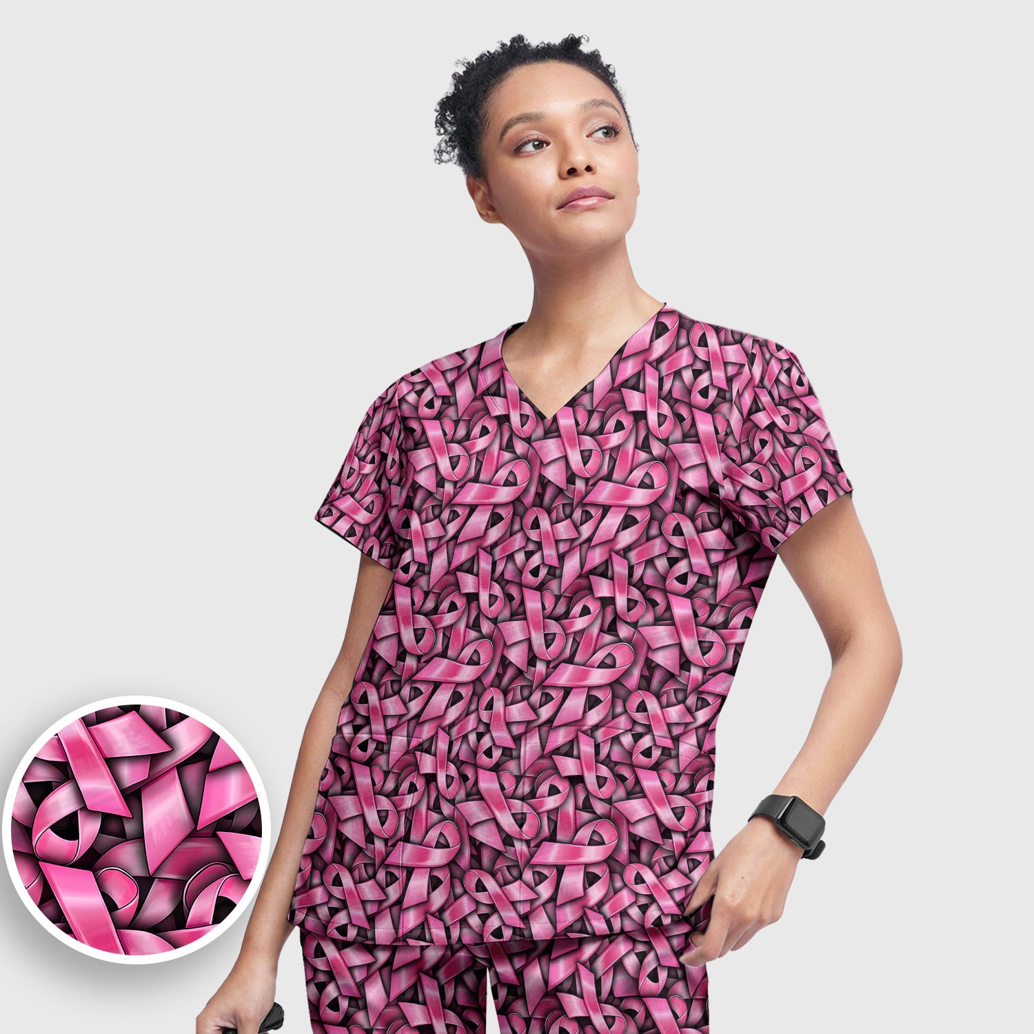 Breast Cancer Awareness Ribbon Oncology Scrub Set, Scrub Pants and V Neck Top