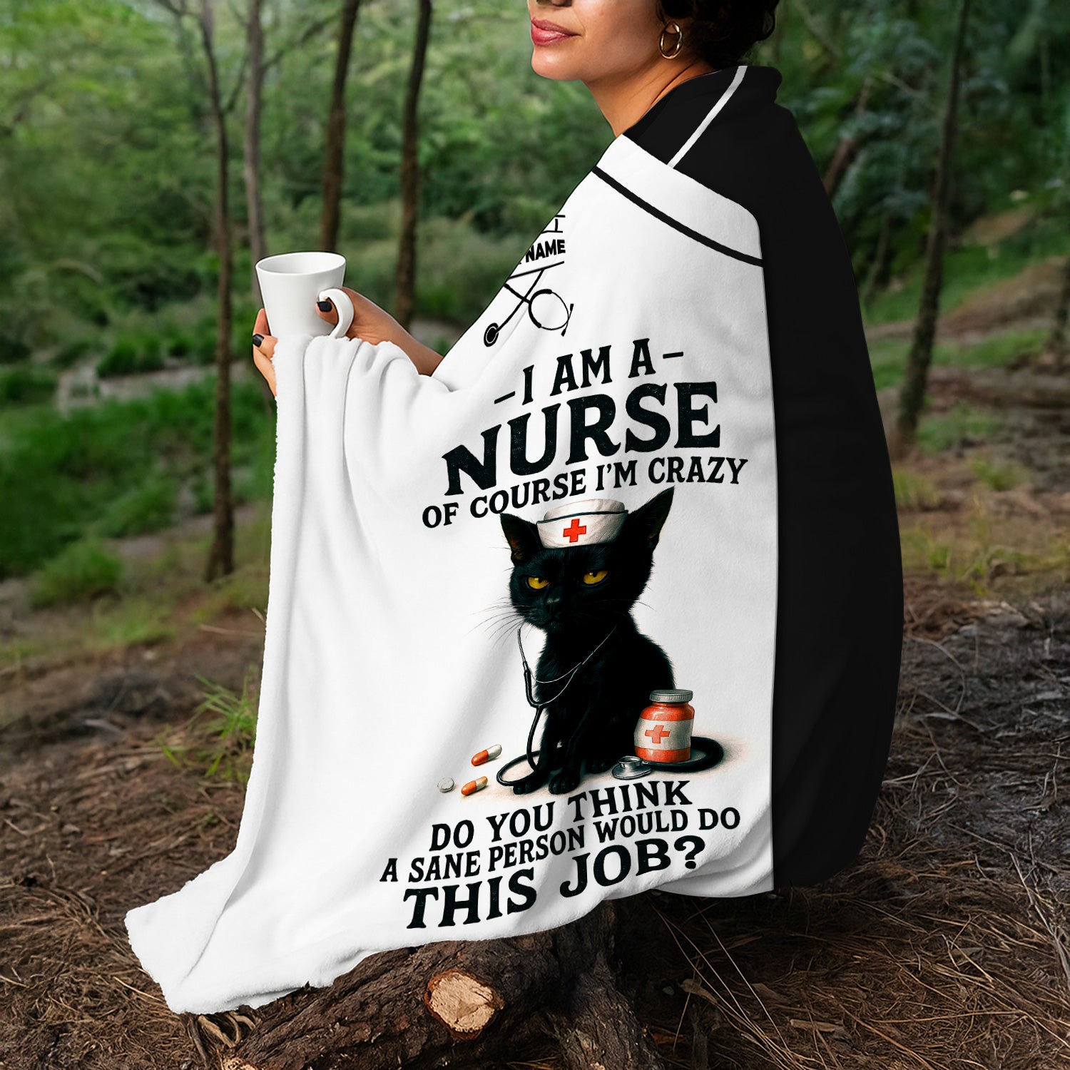 Personalized Funny Nurse Blanket - Black Cat Design with Name - Custom Throw Blanket Gift for Women Nurses