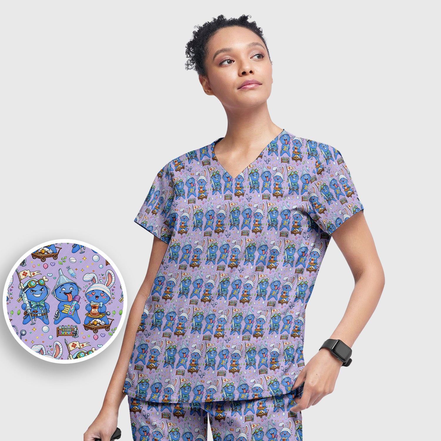 Cute Glove Doll Hospital Medical Cartoon Nurse Pattern Scrub Set, Women's Scrub Sets
