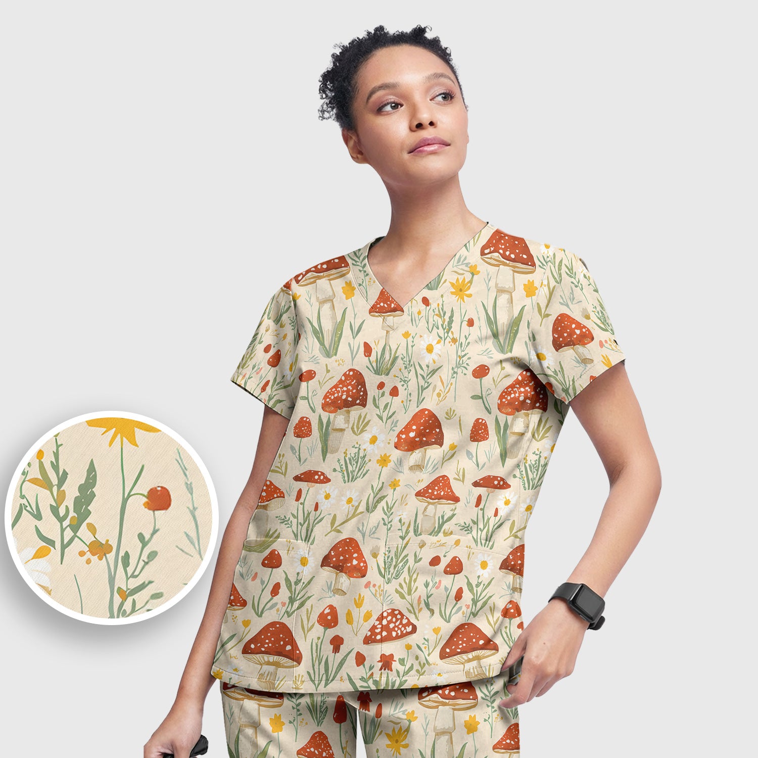 Cute Mushroom Wildflower Pattern Scrub Set, Women's Scrub Sets