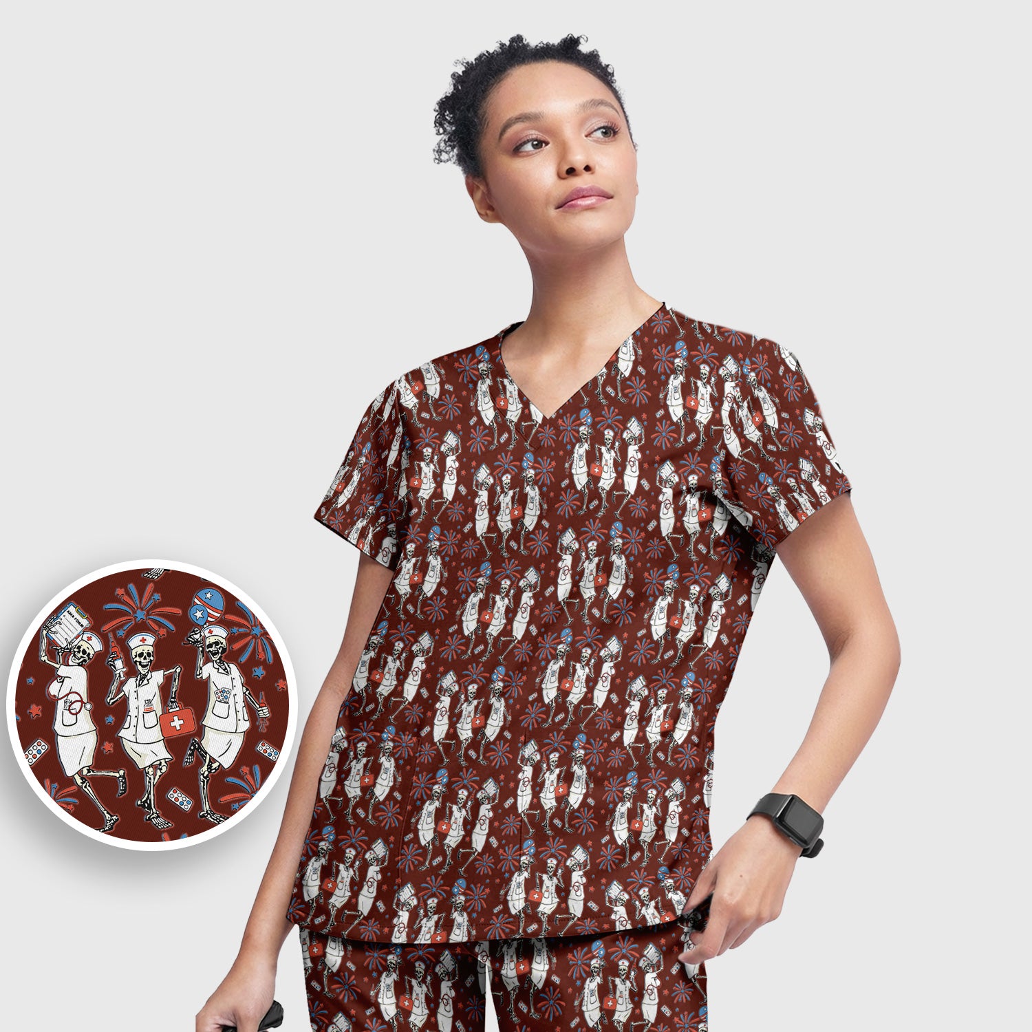 Funny Skeleton Nurse Patriotic Print Scrub Set, Scrub Pants and V Neck Top