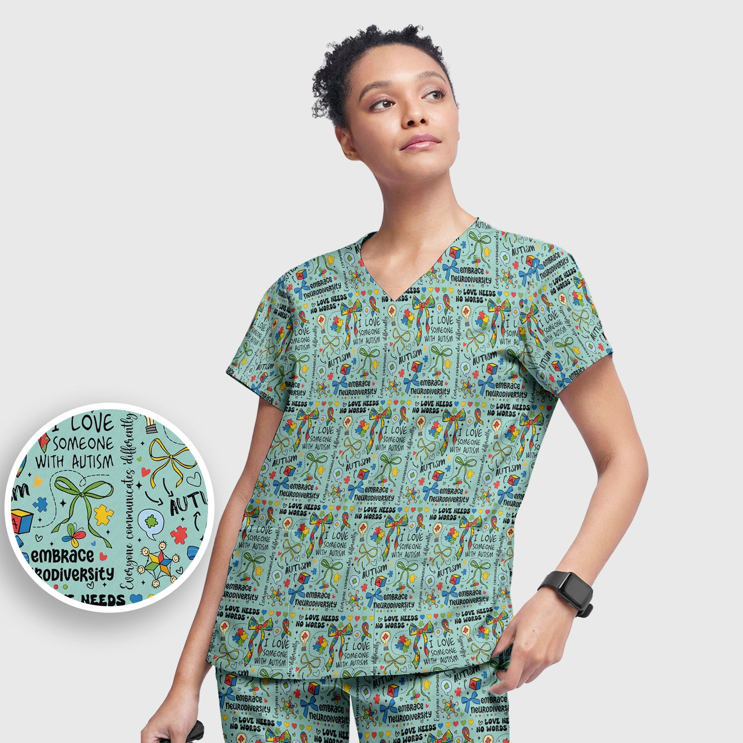 Autism Awareness Puzzle Ribbon Pattern Scrub Set, Scrub Pants and V Neck Top