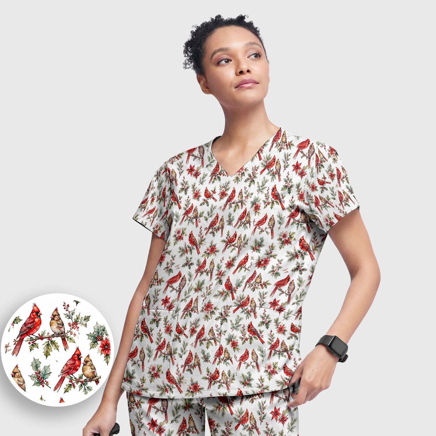 Festive Cardinal and Holly Scrub Set, Scrub Pants and V Neck Top