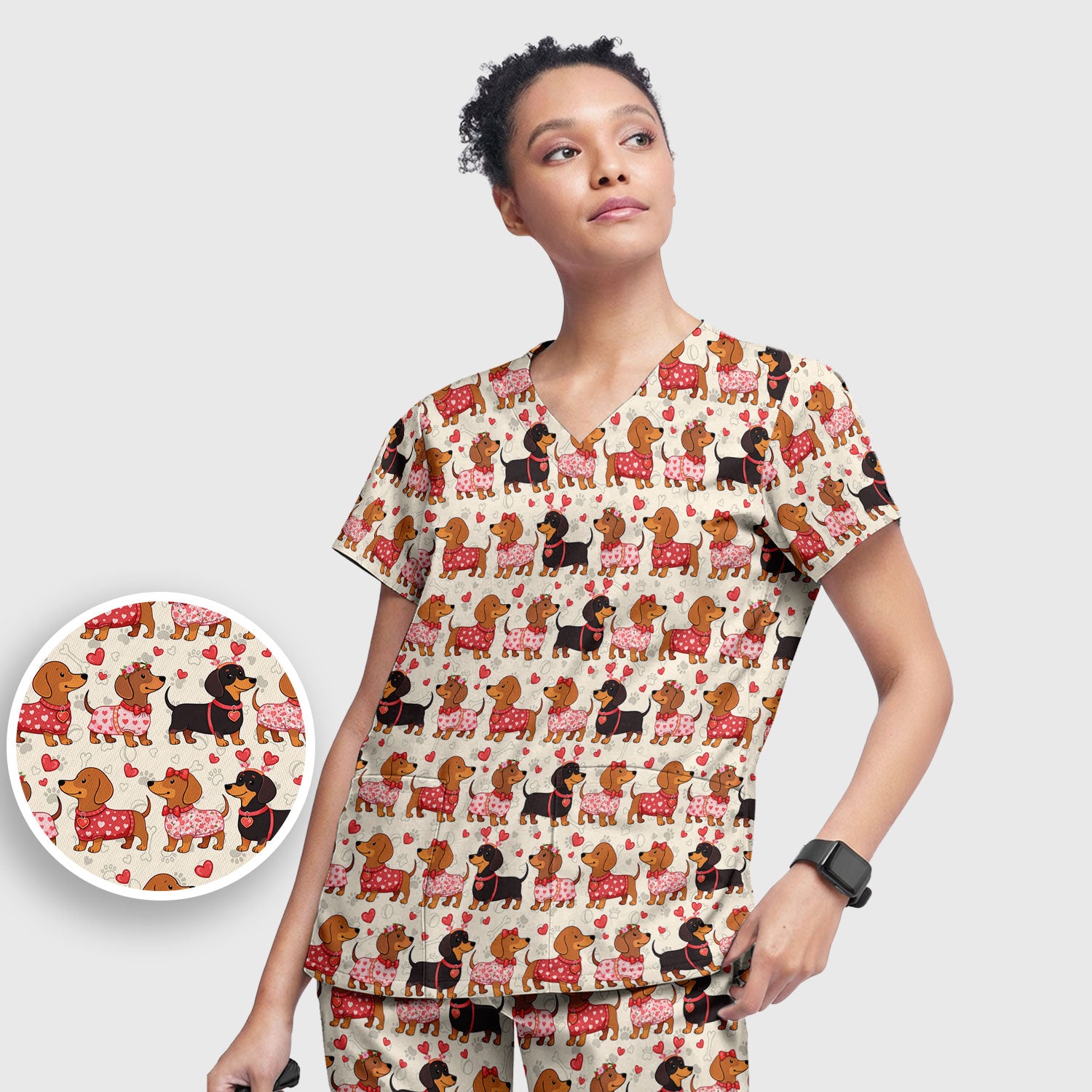 Valentine Dachshund Scrub Top, Wiener Dog Love Pattern Nurse Shirt, Breathable Fabrics Nursing Uniform