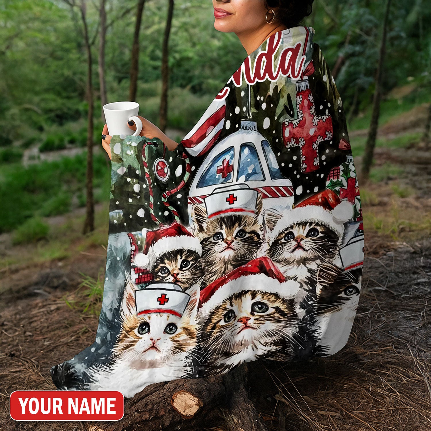 Custom Nurse Cat Blanket, Personalized Christmas Throw Blanket With Name, Cute Kitty Nurse Gift for RNs And Healthcare Workers