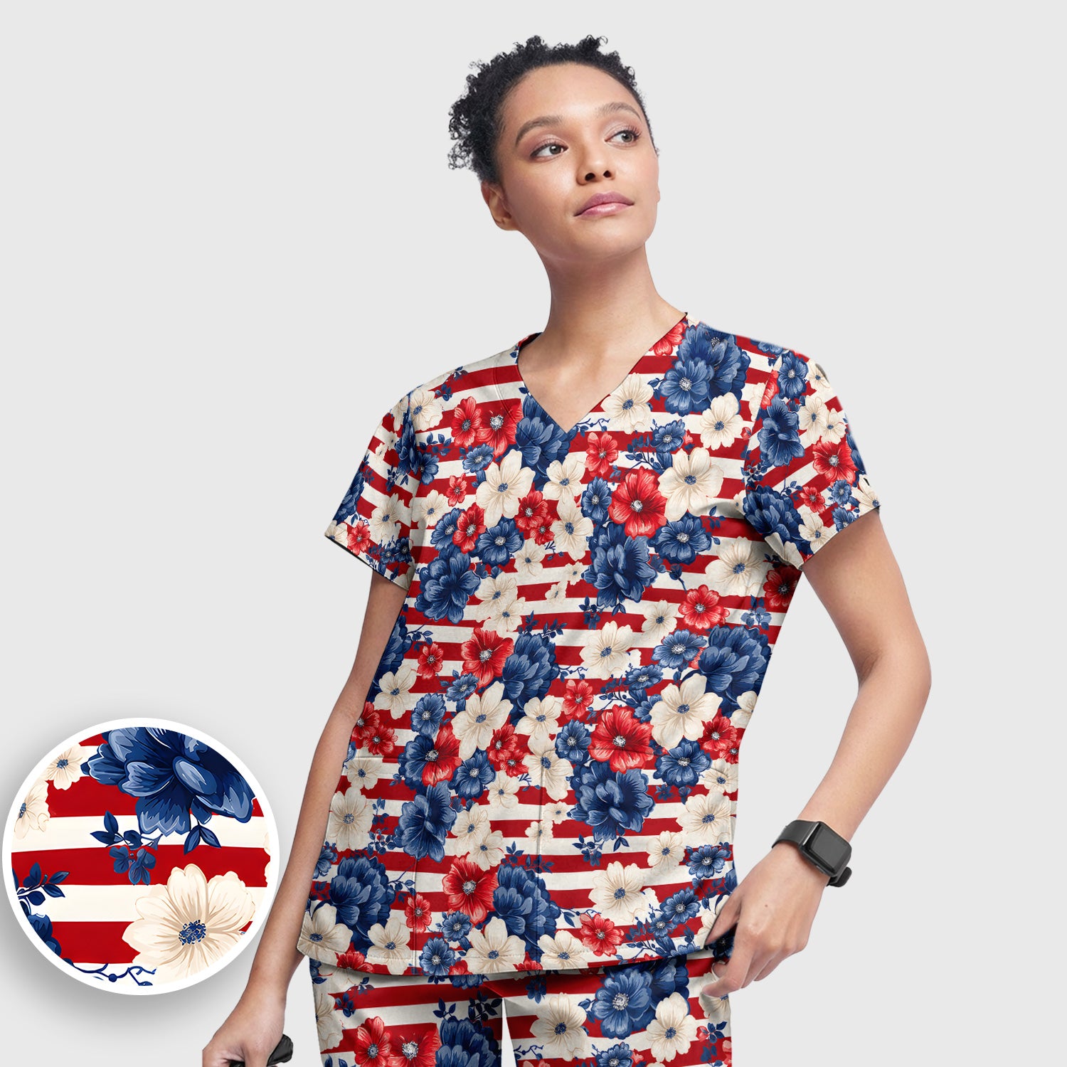 Patriotic Floral Nurse for RN & CNA, American Flag Healthcare Workers Medical Uniform Scrub Set, Scrub Pants and V Neck Top
