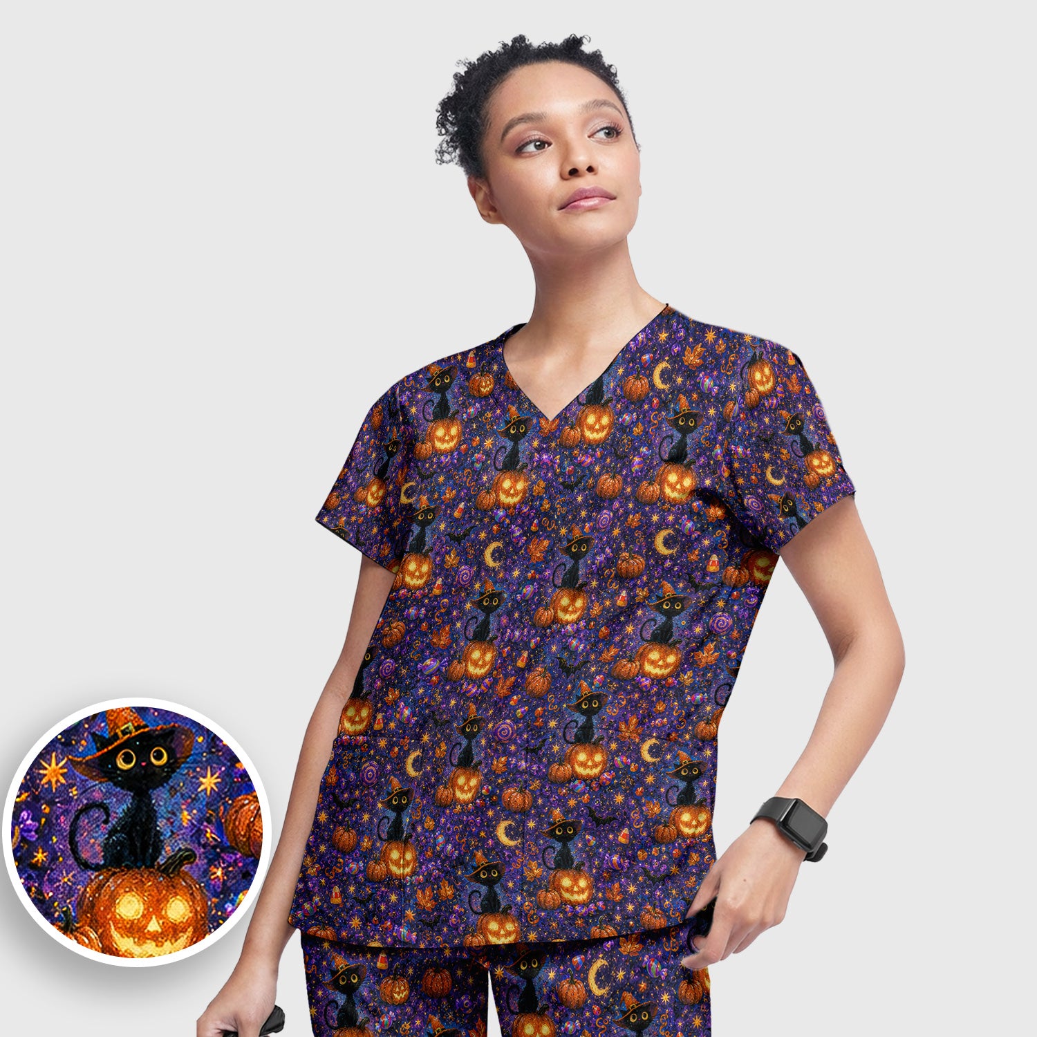 Mystical Halloween Witch Cat Scrub Set, Scrub Pants and V Neck Top