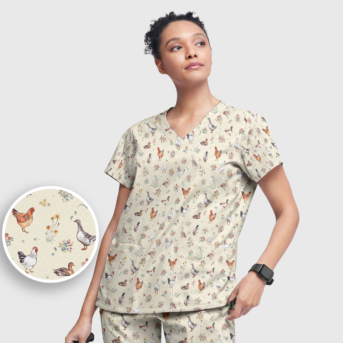 Farm Chicken Duck Floral Pattern Scrubs Sets, Scrub Pants and V Neck Top