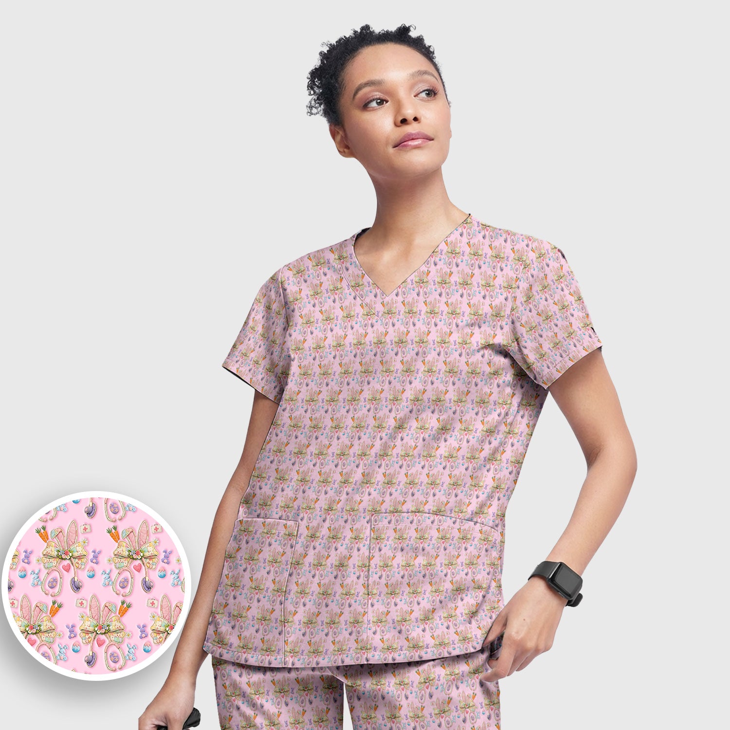 Easter Bunny Stethoscope Pastel Print Scrub Set, Scrub Pants and V Neck Top