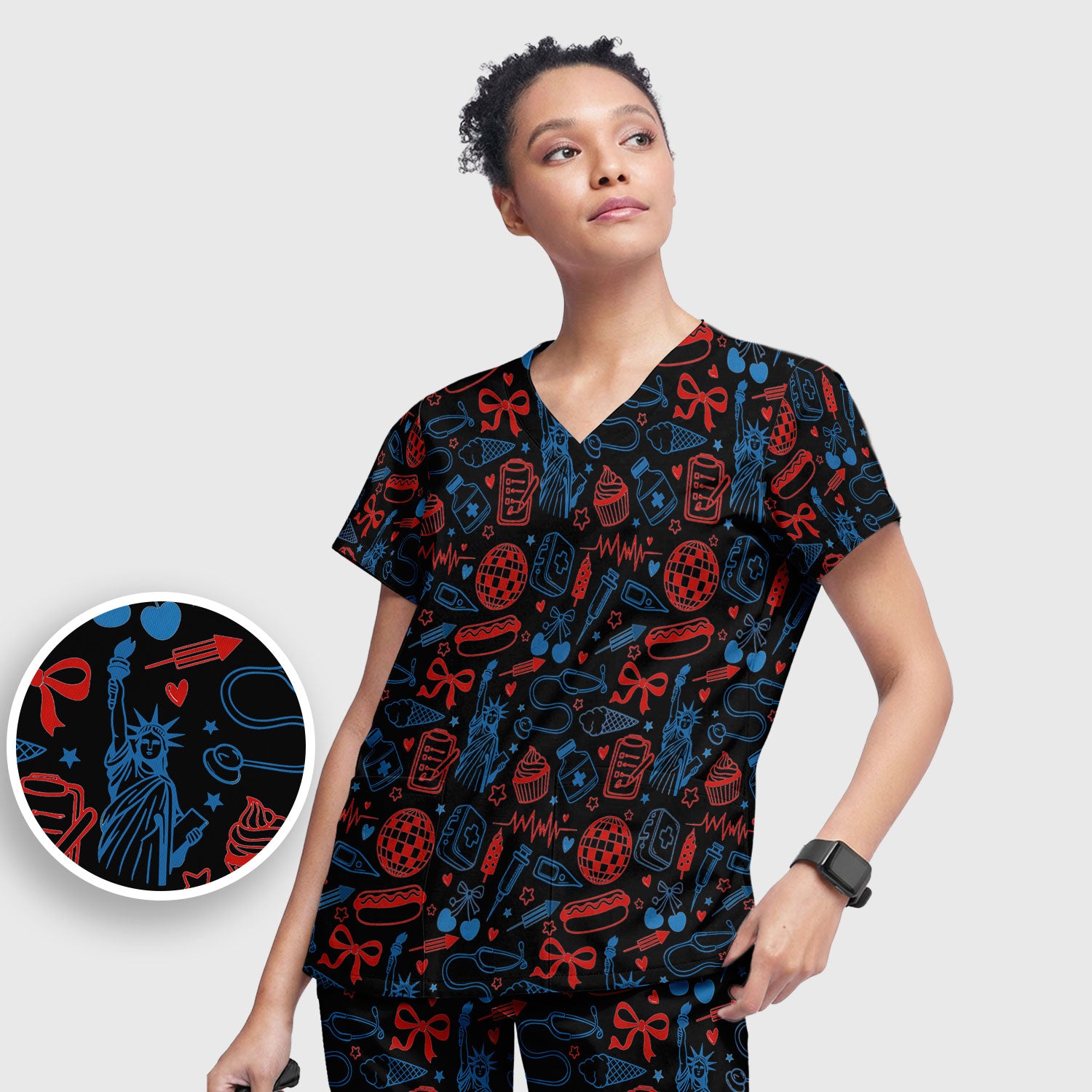 Patriotic Nurse Medical Icons Pattern Scrub Set, Scrub Pants and V Neck Top