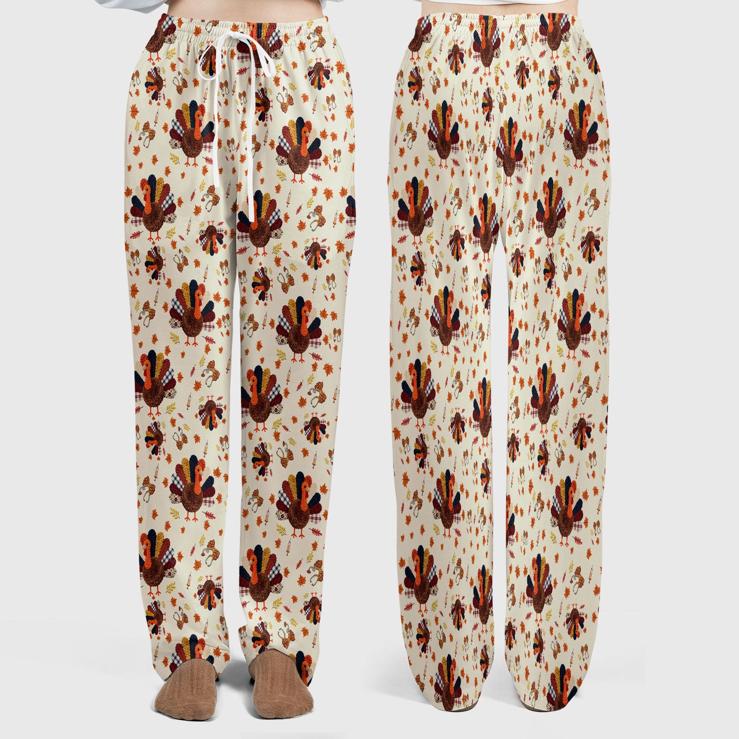 Funny Thanksgiving Nurse Scrub Sets - Fall Leaves and Pumpkin Scrub Pants and V Neck Top - Autumn Turkey Med Uniform