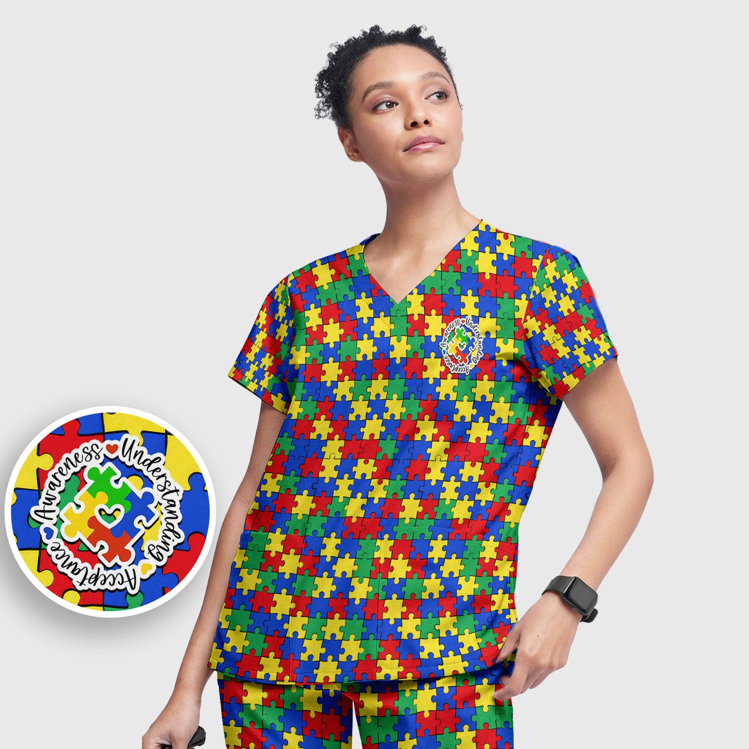 Autism Awareness Puzzle Pattern Scrub Set, Breathable Med Uniform
