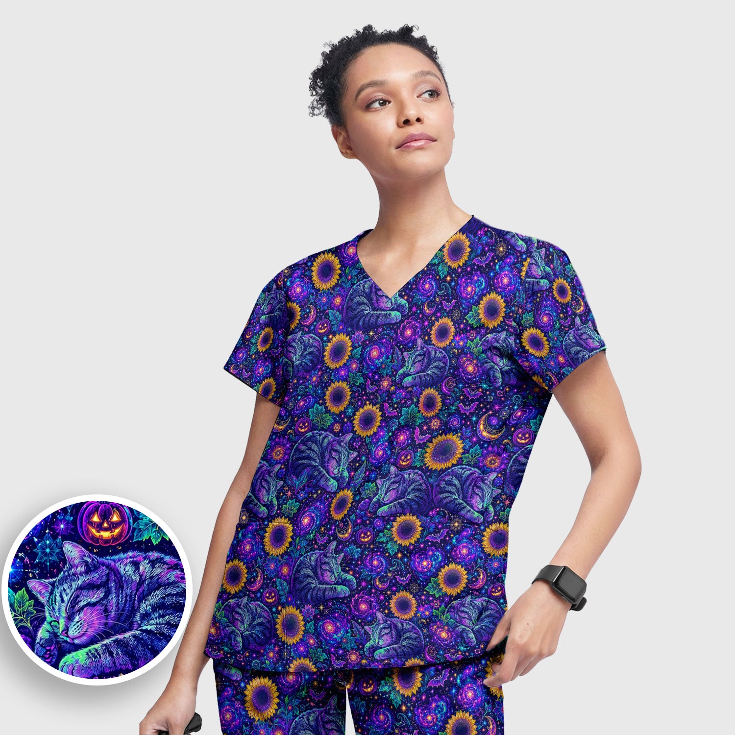 Spooky Galaxy Cat And Sunflowers Scrub Set, Scrub Pants and V Neck Top