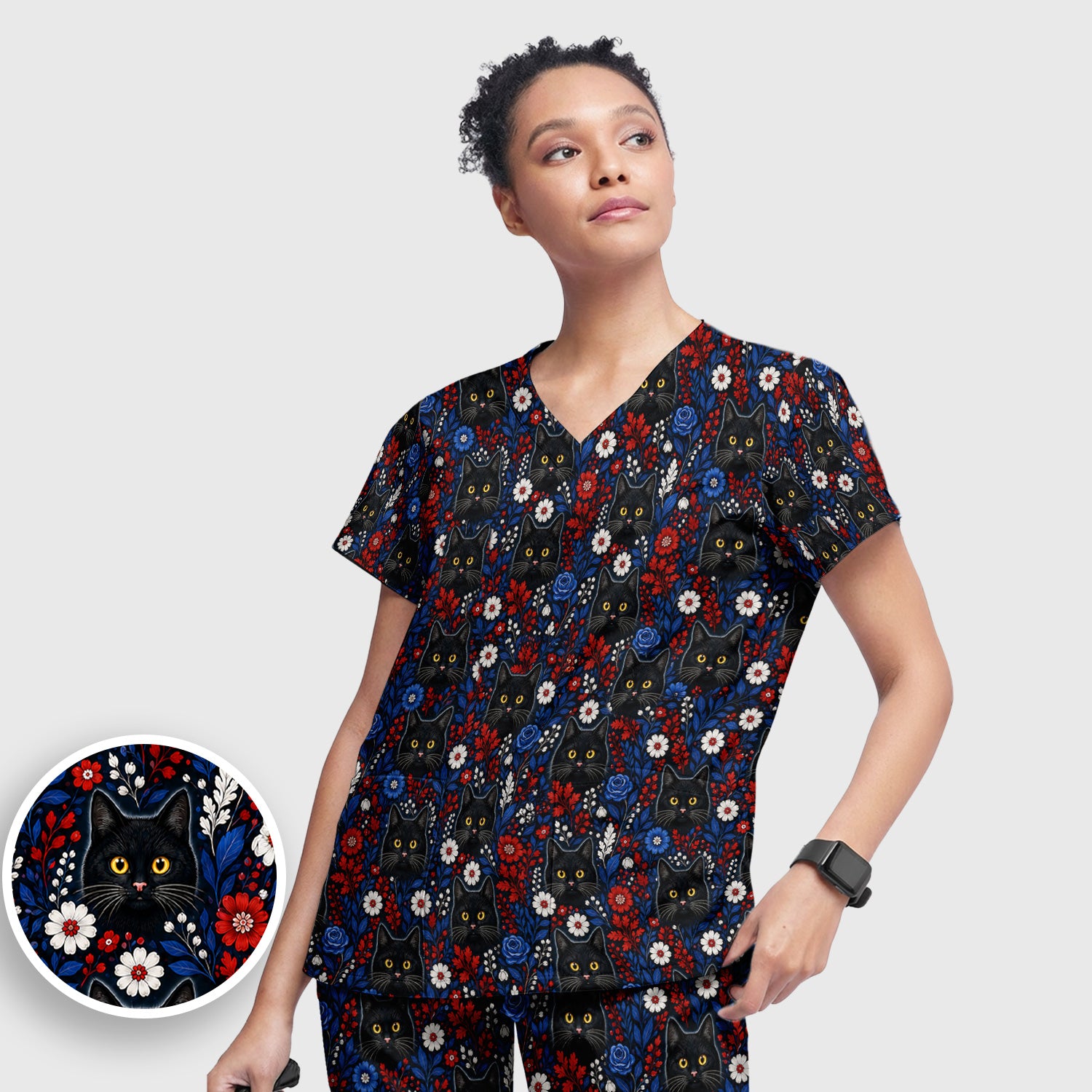 Black Cat Floral Nurse Pattern Scrub Set, Scrub Pants and V Neck Top