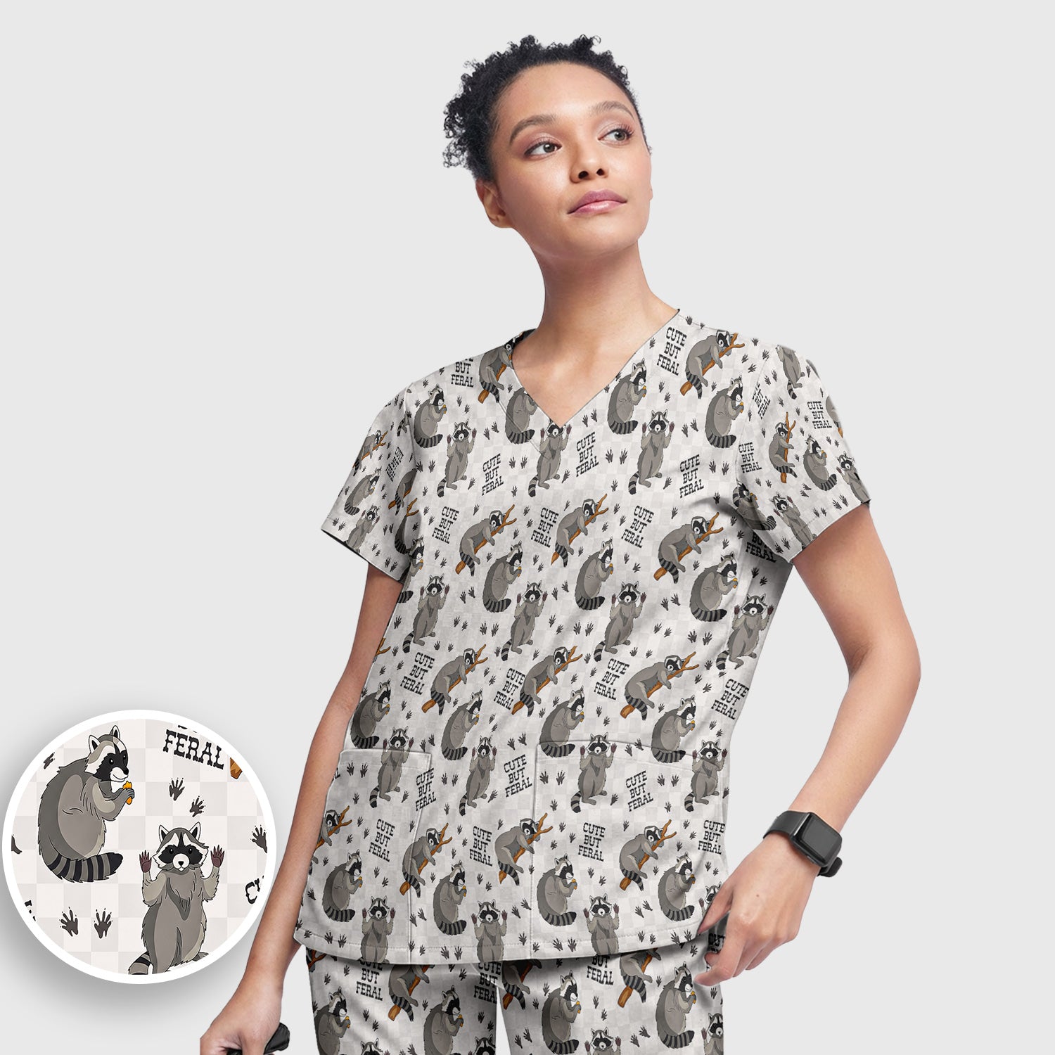 Funny Feral Raccoon Pattern Scrub Set, Scrub Pants and V Neck Top