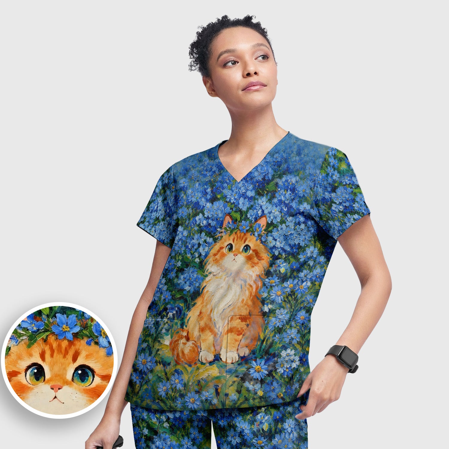 Cute Blue Floral Cat Nurse for Pediatric Nurses, RN, CNA, Pet Lover Medical Scrub Set, Scrub Pants and V Neck Top