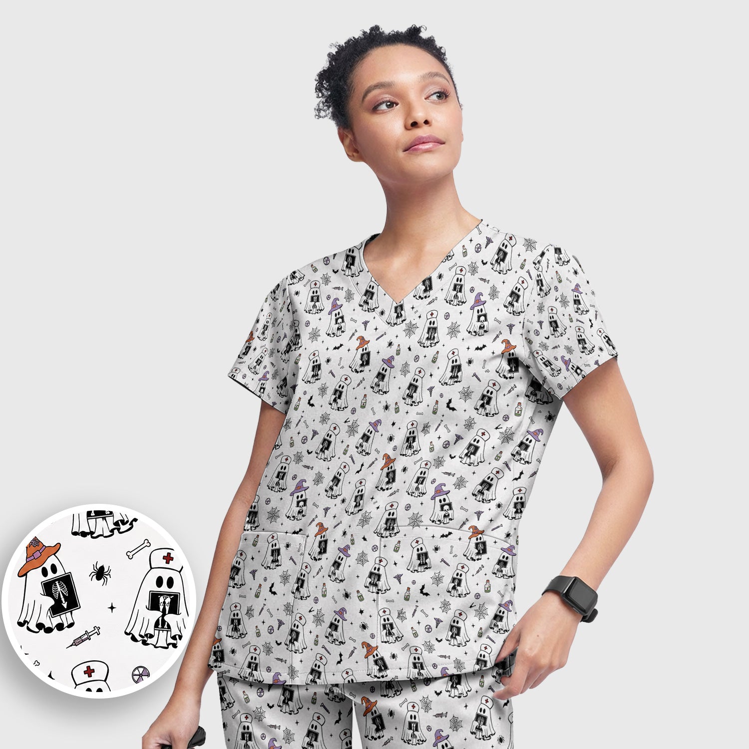 Halloween Ghost Nurses With X-Rays Scrub Set, Scrub Pants and V Neck Top