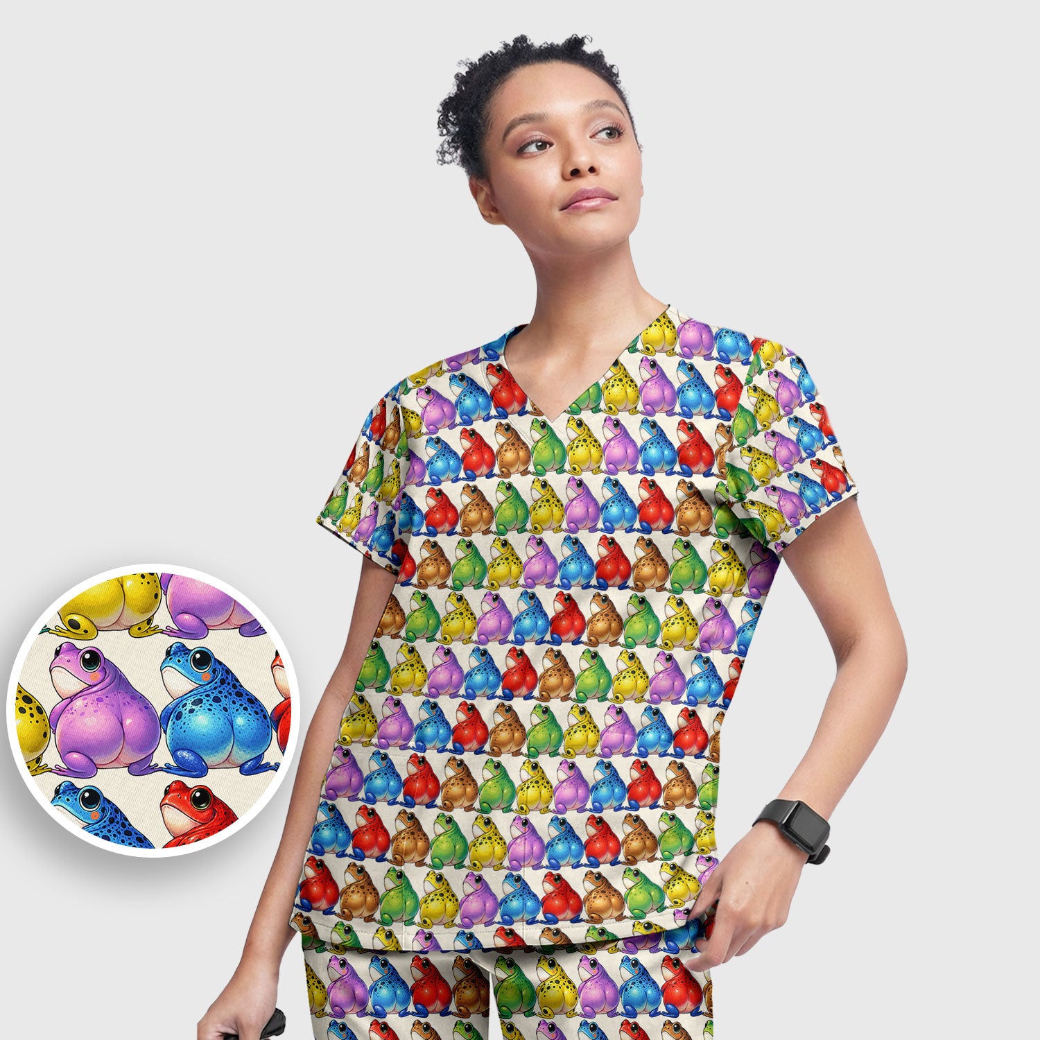 Funny Colorful Frogs Pattern Scrubs Sets, Scrub Pants and V Neck Top