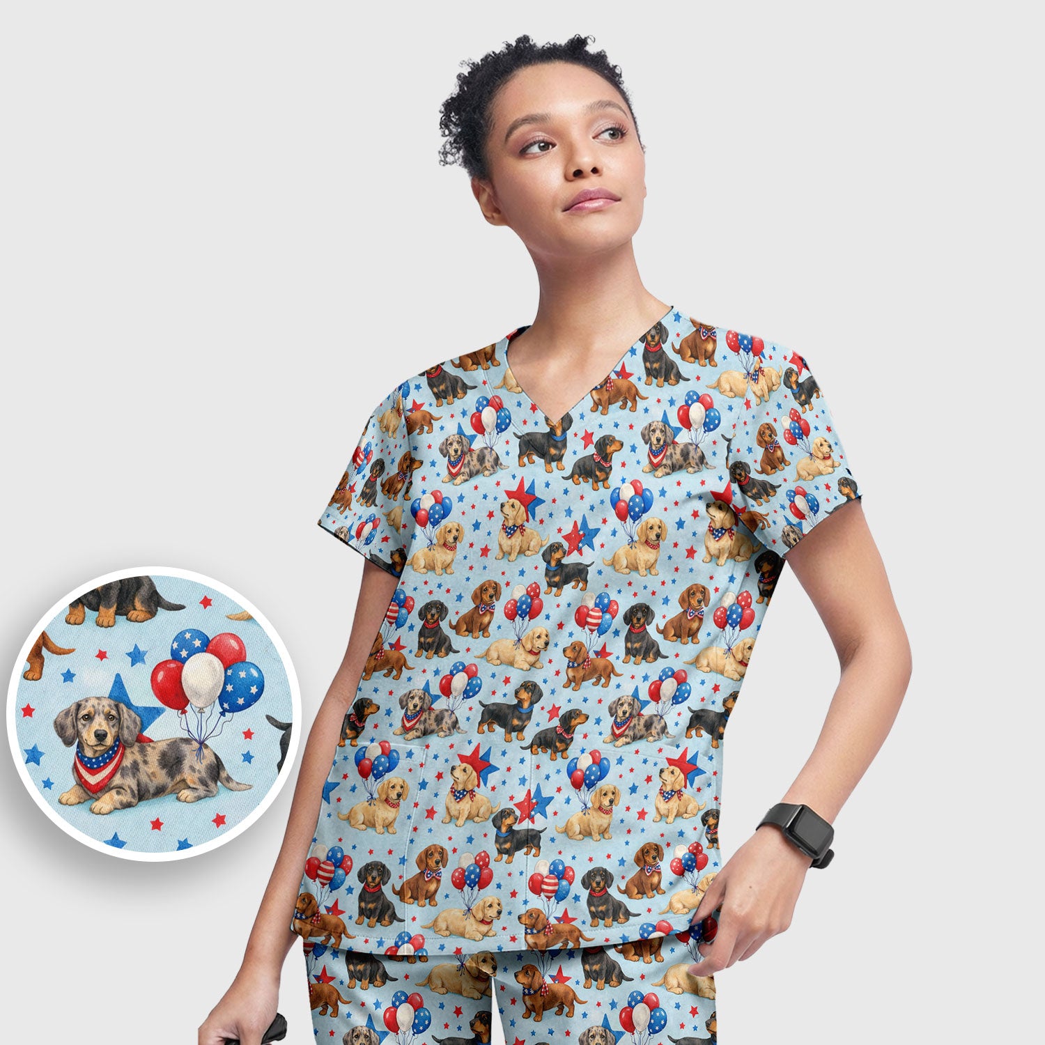 Cute Patriotic Dachshund Balloon Star Pattern Scrub Set, Scrub Pants and V Neck Top